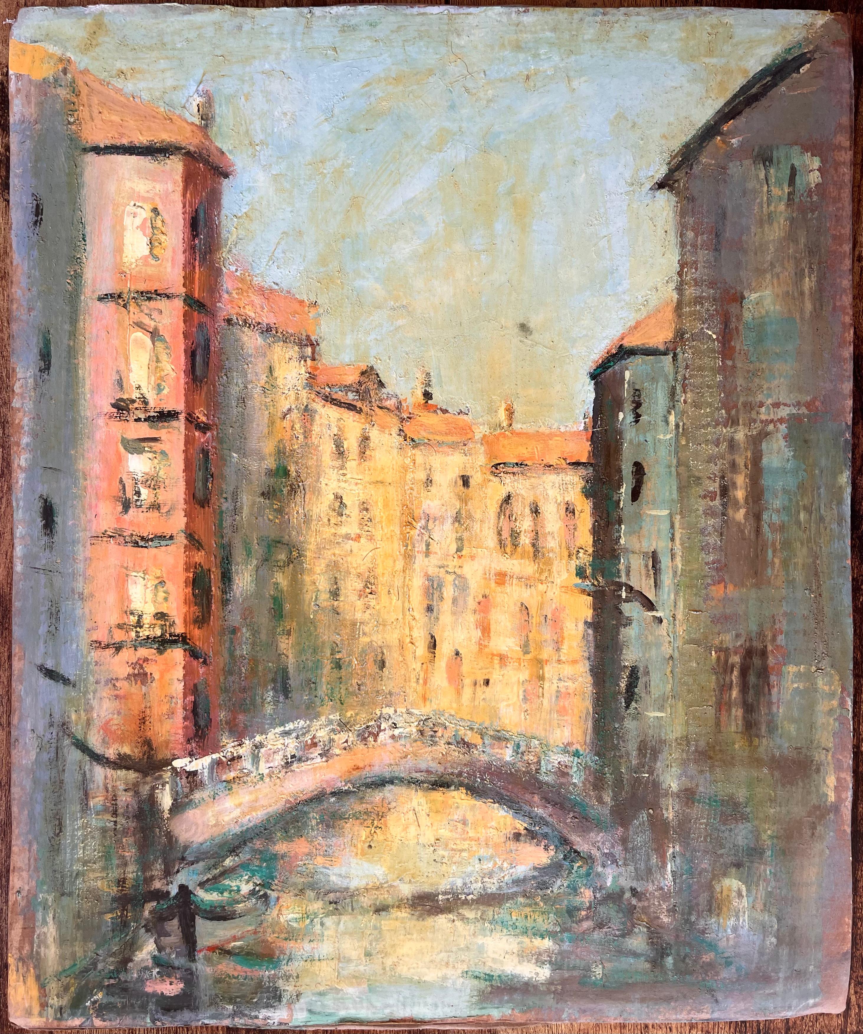Impressionist Painting of Venetian Canal with Bridge and Sunlit Buildings - Brown Landscape Painting by Fanch Lel
