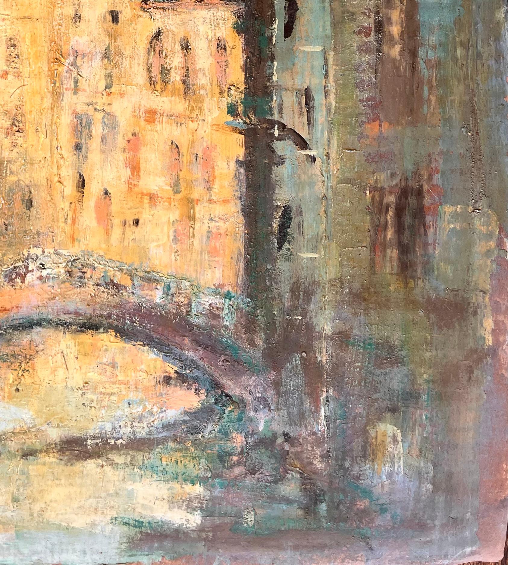 Title: Impressionist Painting of Venetian Canal with Bridge and Sunlit Buildings
By Fanch Les
Size: 18.25 x 15.25 inches (height x width)
Oil painting on cardboard, unframed
Condition: The painting is in good condition with expressive texture