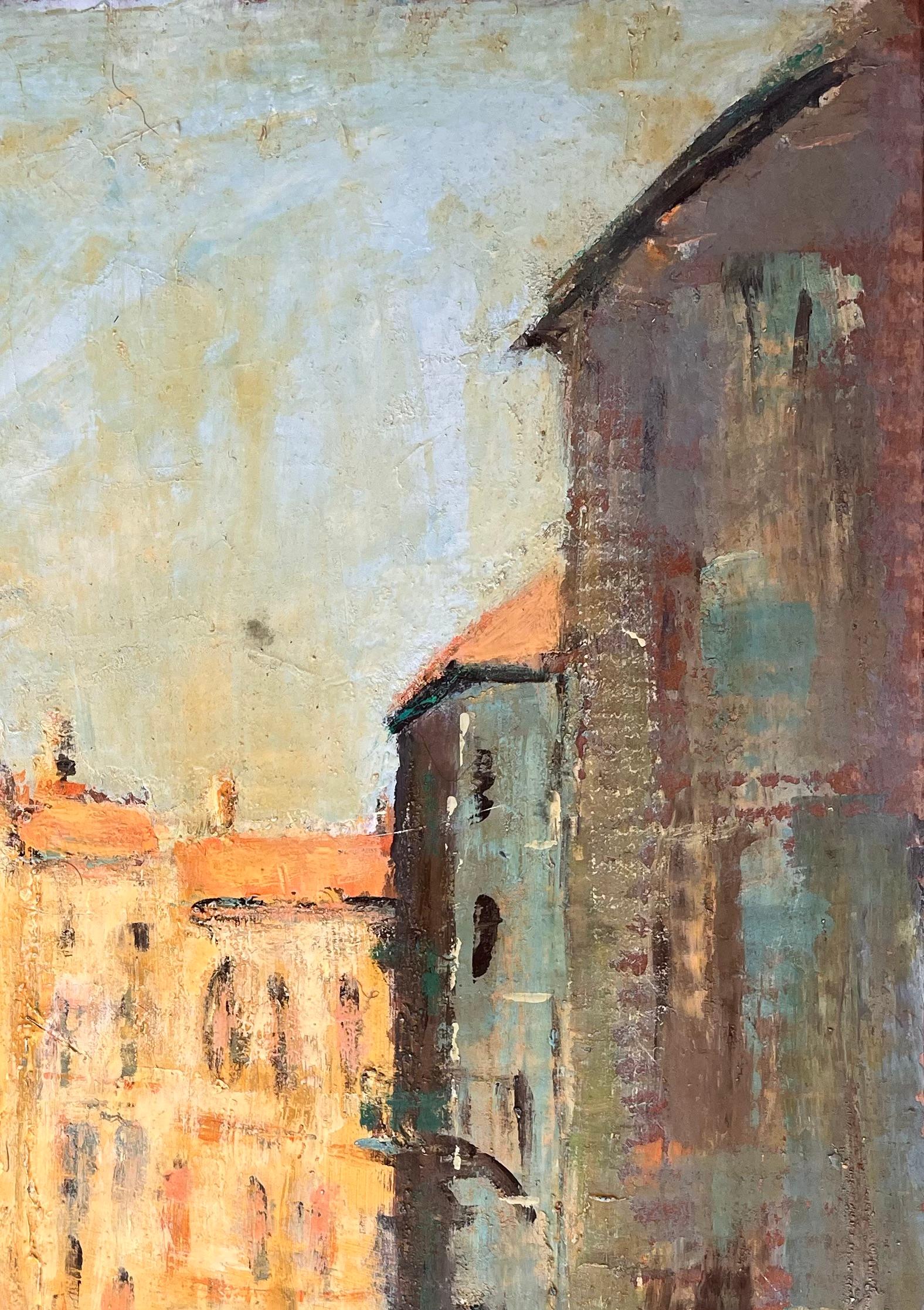 Impressionist Painting of Venetian Canal with Bridge and Sunlit Buildings For Sale 1