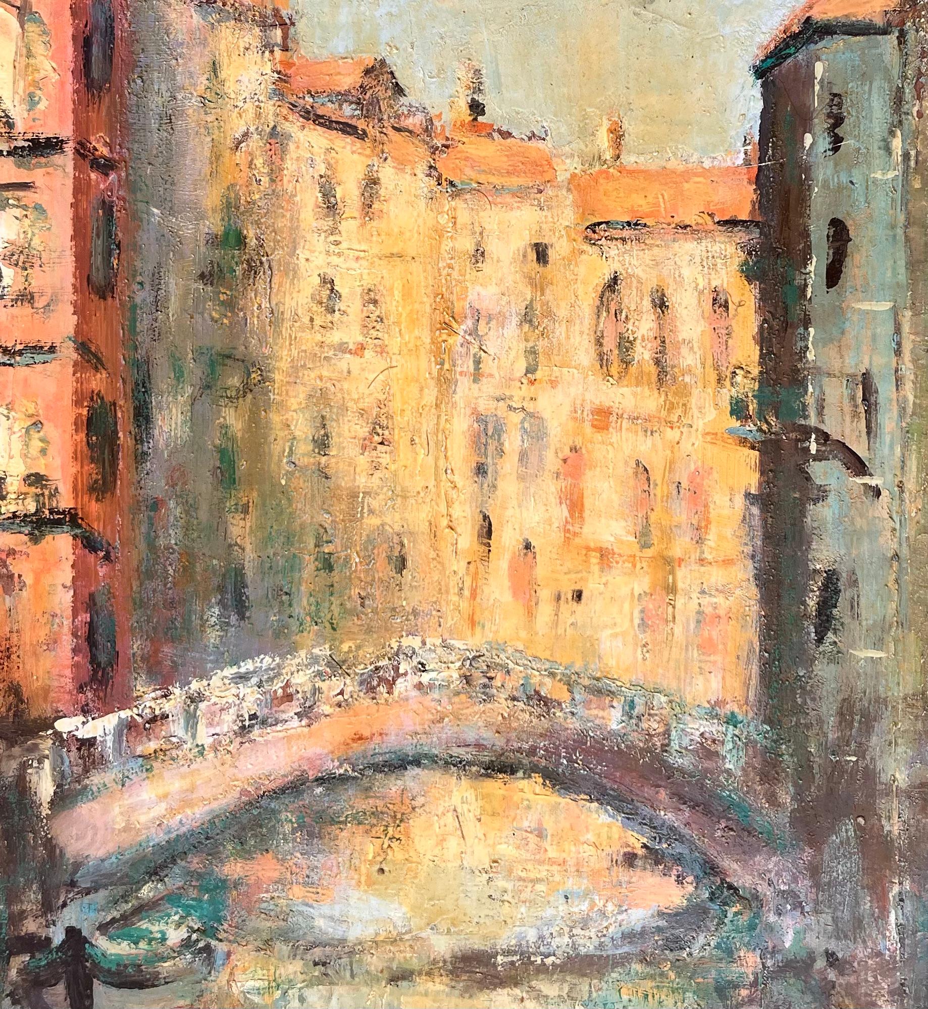 Impressionist Painting of Venetian Canal with Bridge and Sunlit Buildings For Sale 4