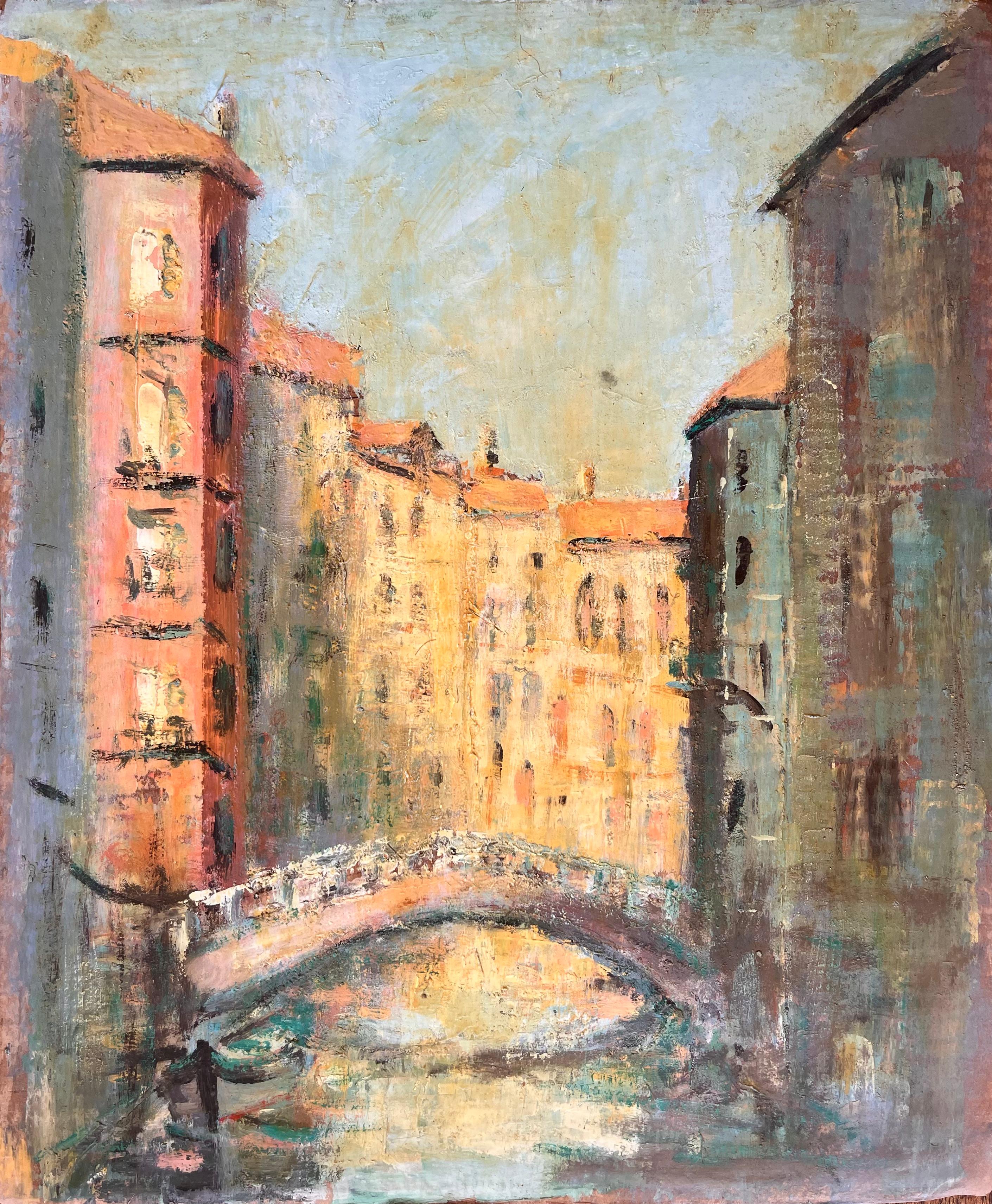 Peinture impressionniste d'un canal vénitien avec pont et bâtiments ensoleillés