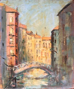 Impressionist Painting of Venetian Canal with Bridge and Sunlit Buildings