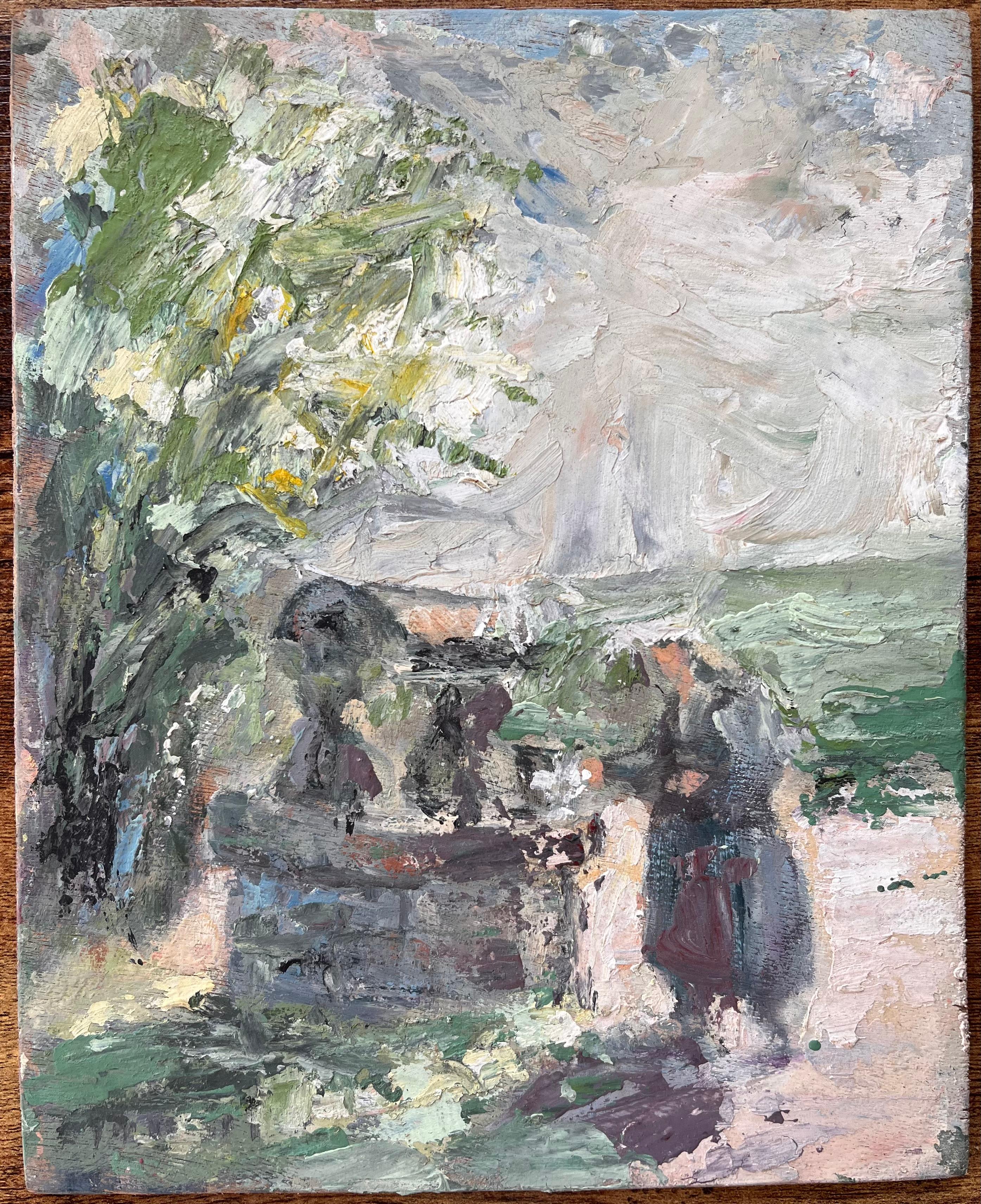 Impressionist Pastoral Scene with Woman at Stone Fountain under Tree - Painting by Fanch Lel