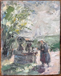 Impressionist Pastoral Scene with Woman at Stone Fountain under Tree