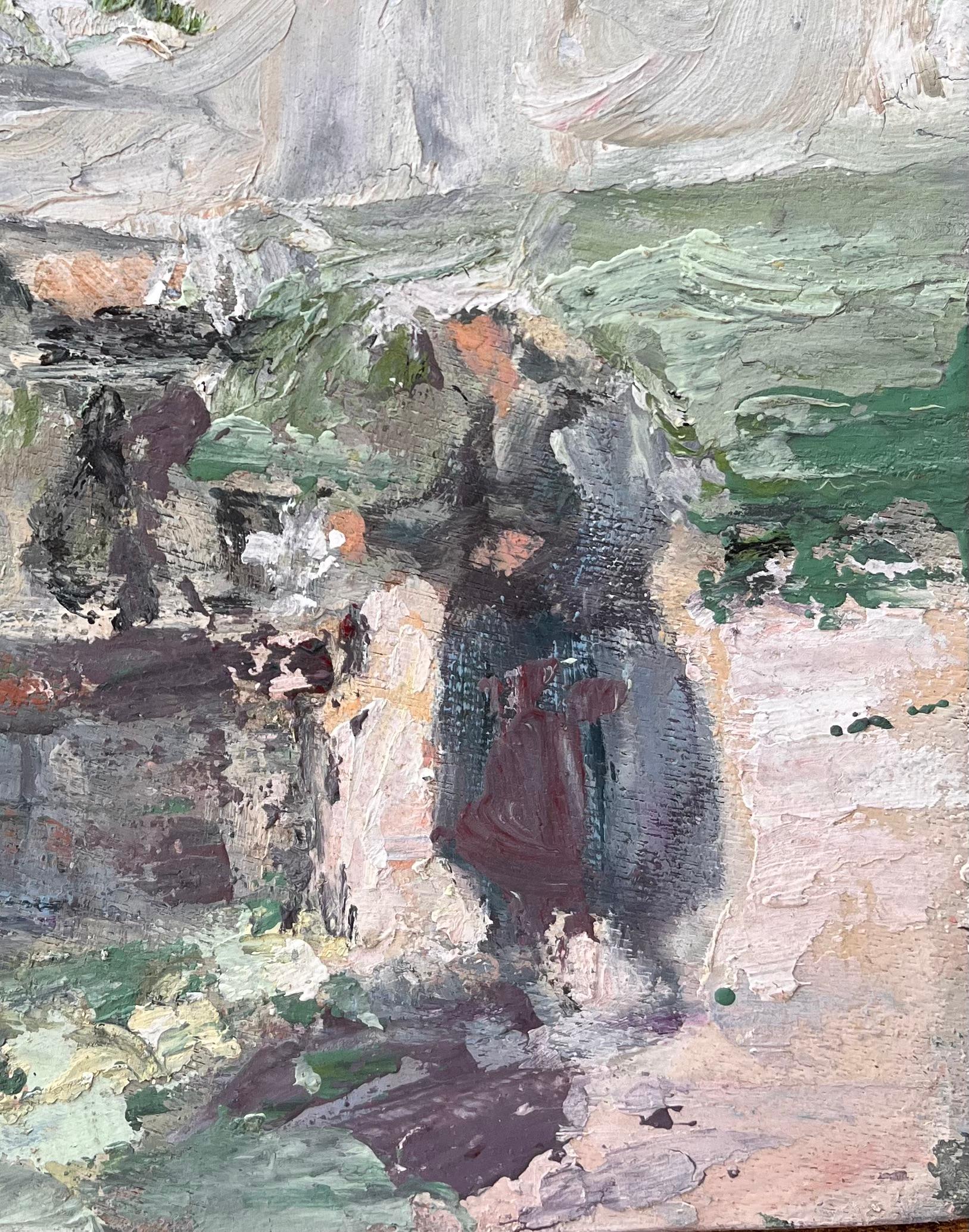Impressionist Pastoral Scene with Woman at Stone Fountain under Tree - Gray Abstract Painting by Fanch Lel