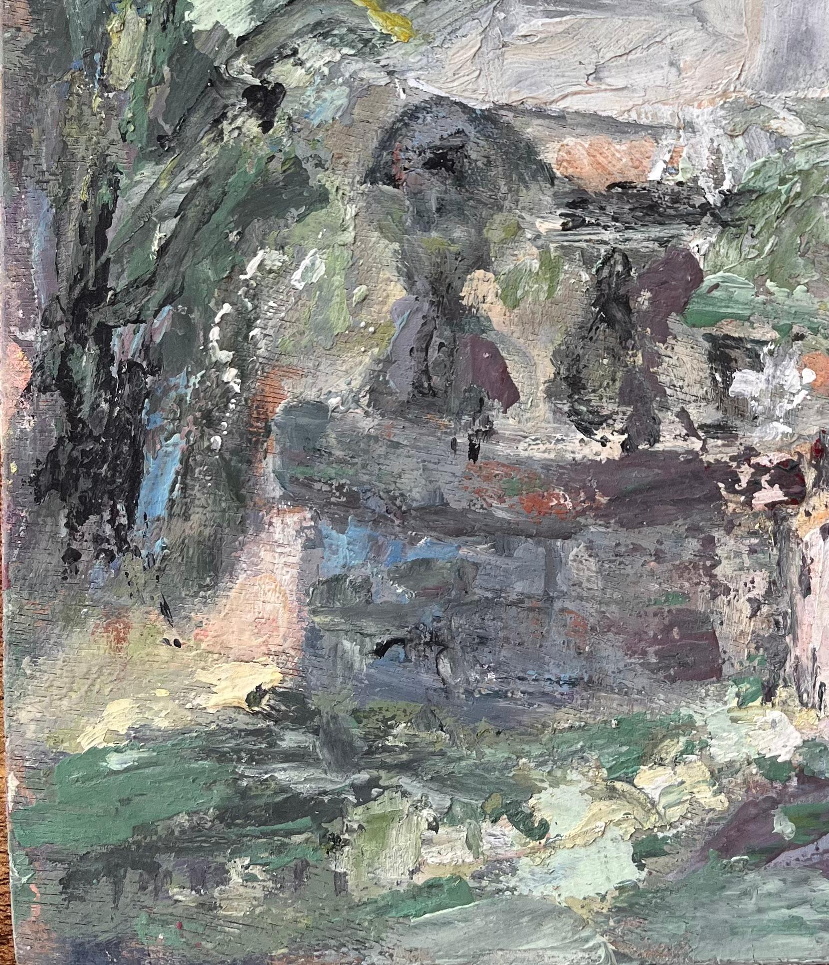 Title: Impressionist Pastoral Scene with Woman at Stone Fountain under Tree
By Fanch Lel
Size: 10.75 x 8.75 inches (height x width)
Oil painting on board, unframed
Condition: The painting is in good condition with expressive texture throughout;