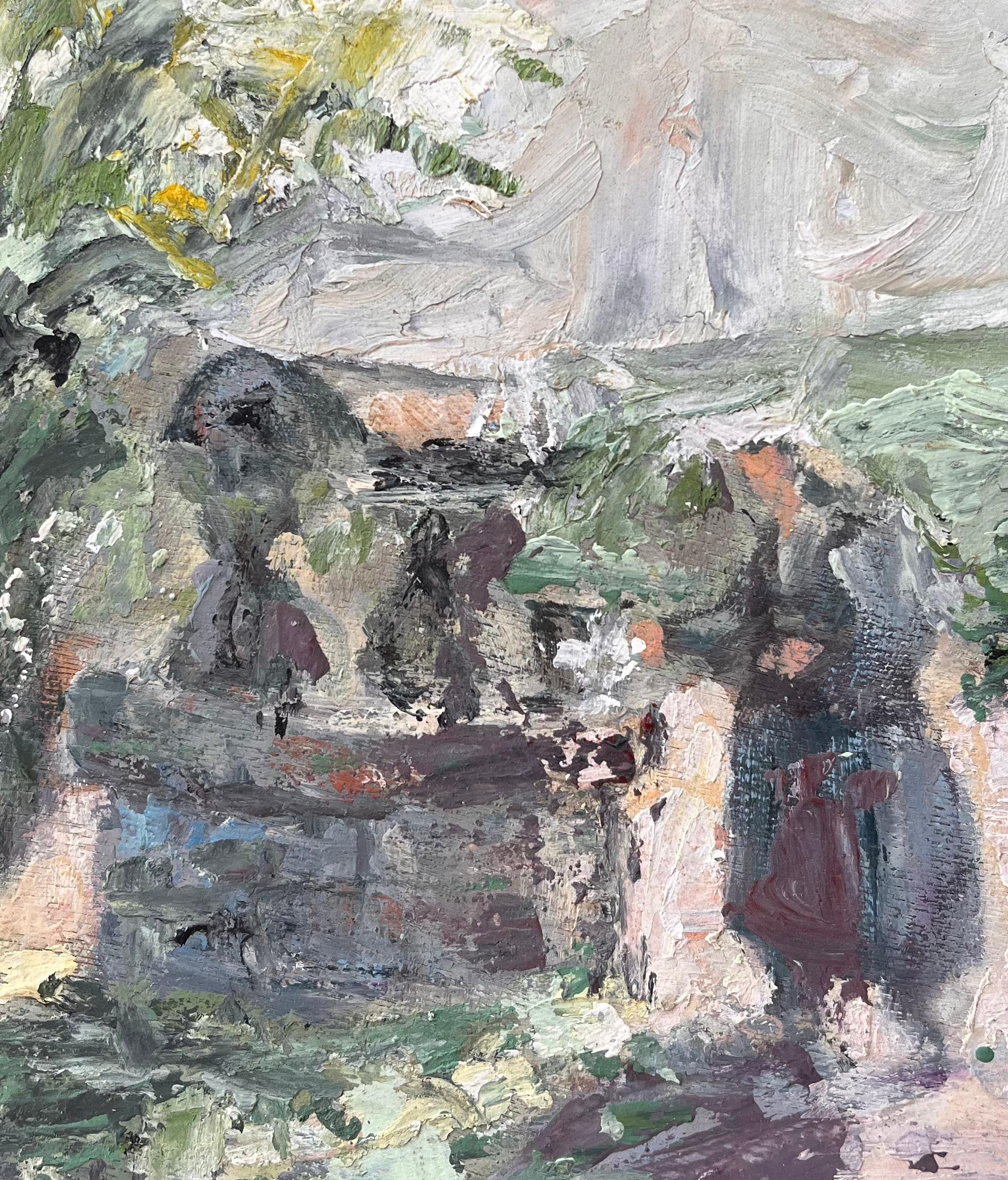 Impressionist Pastoral Scene with Woman at Stone Fountain under Tree For Sale 3