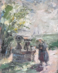 Impressionist Pastoral Scene with Woman at Stone Fountain under Tree