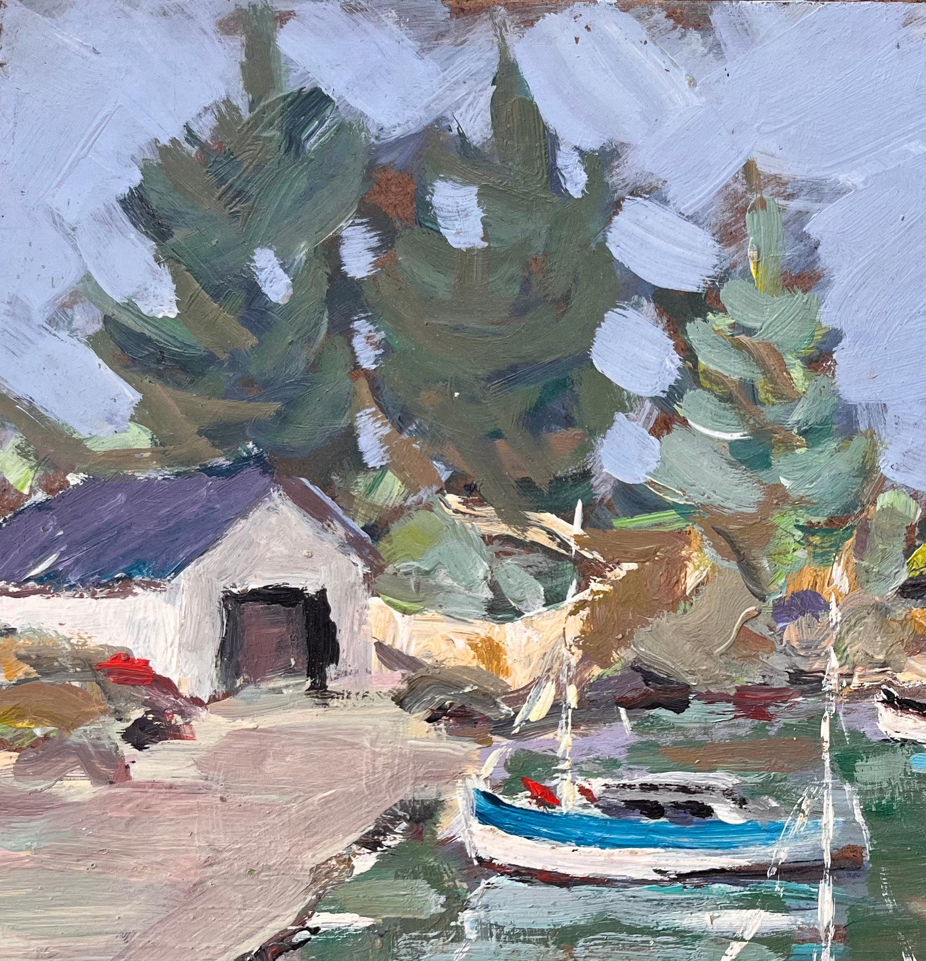Impressionistische friedliche Hafenszene mit Fischerbooten und Kiefern in der Bretagne (Impressionismus), Painting, von Fanch Lel