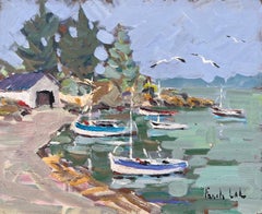 Vintage Impressionist Peaceful Harbour Scene with Fishing Boats and Pines in Brittany