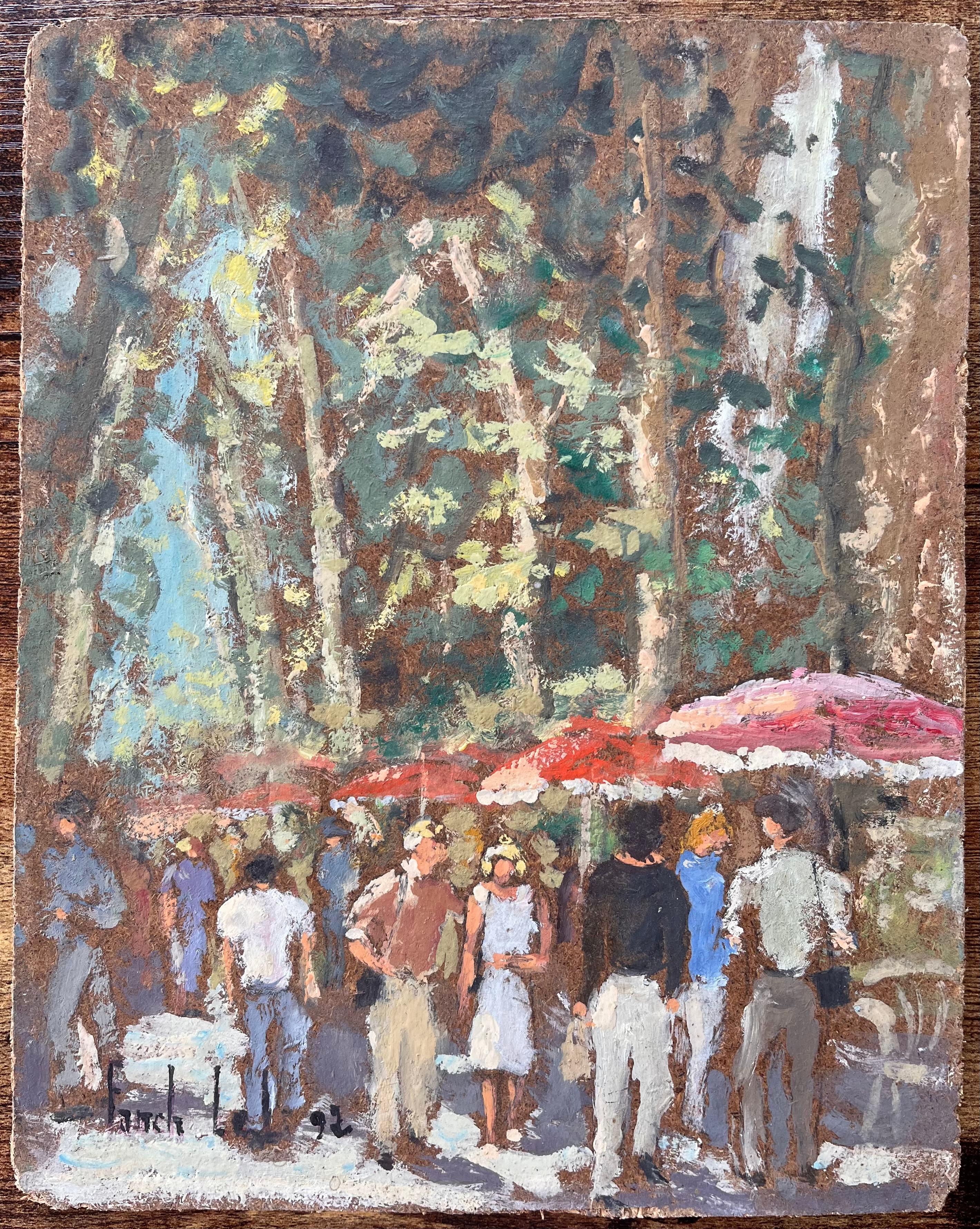 Scène impressionniste de Promenade avec parasols rouges à Aix en Provence - Impressionnisme Painting par Fanch Lel