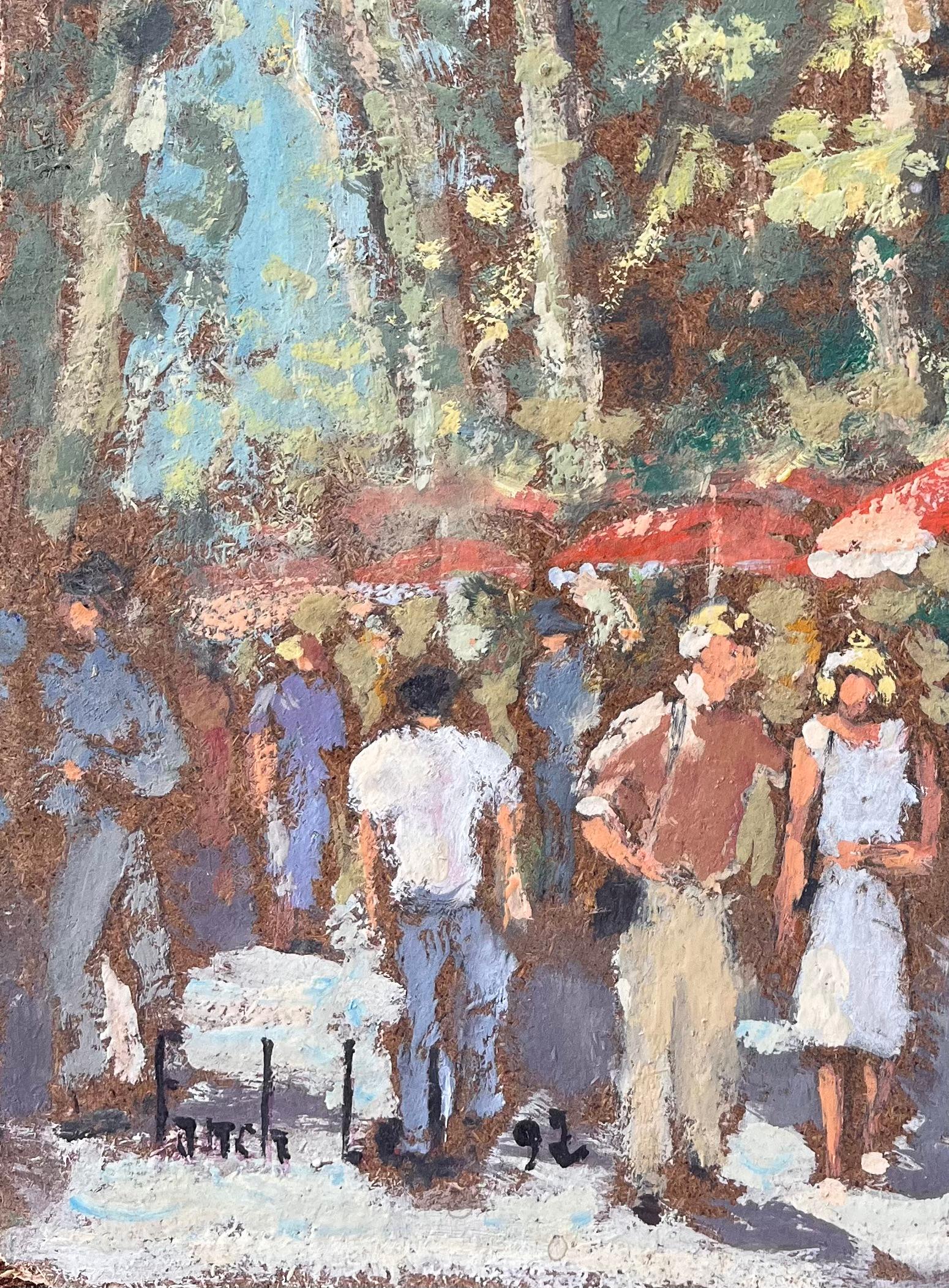 Scène impressionniste de Promenade avec parasols rouges à Aix en Provence - Gris Landscape Painting par Fanch Lel