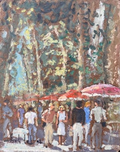 Impressionist Promenade Scene with Red Parasols in Aix en Provence