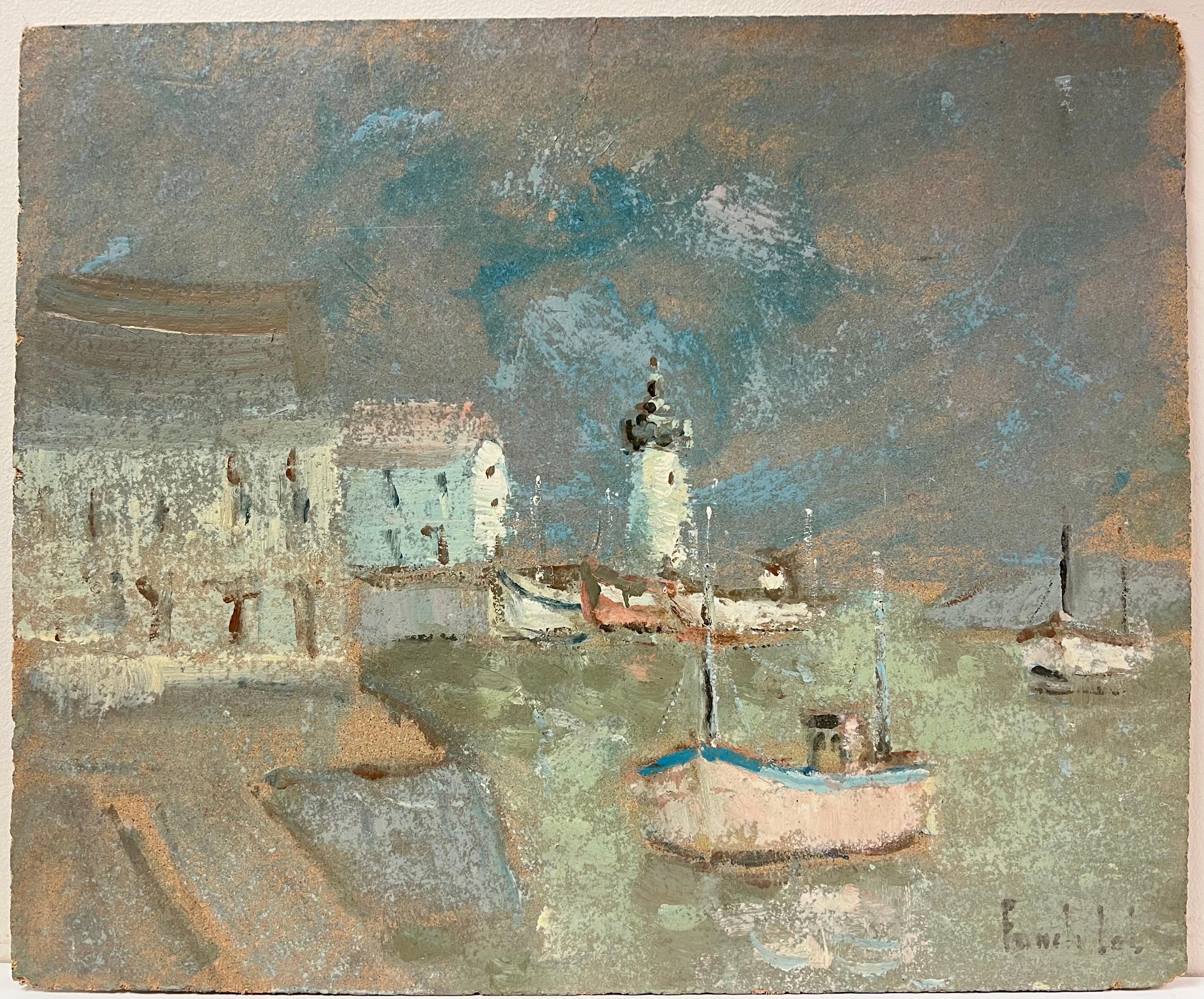 Scena costiera impressionista di Rainy Harbor con paesaggio del faro - Painting di Fanch Lel
