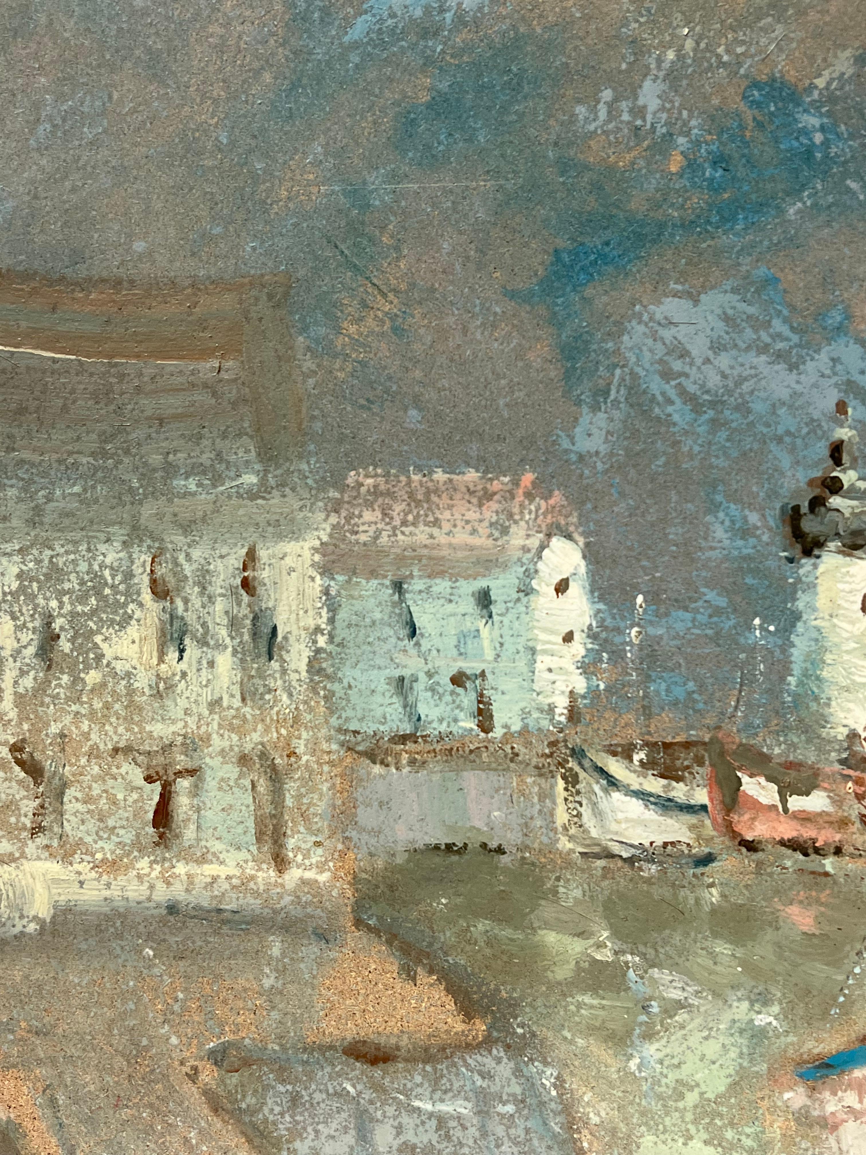 Scena costiera impressionista di Rainy Harbor con paesaggio del faro - Painting Impressionismo di Fanch Lel