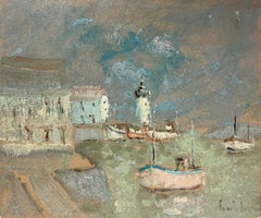 Scena costiera impressionista di Rainy Harbor con paesaggio del faro