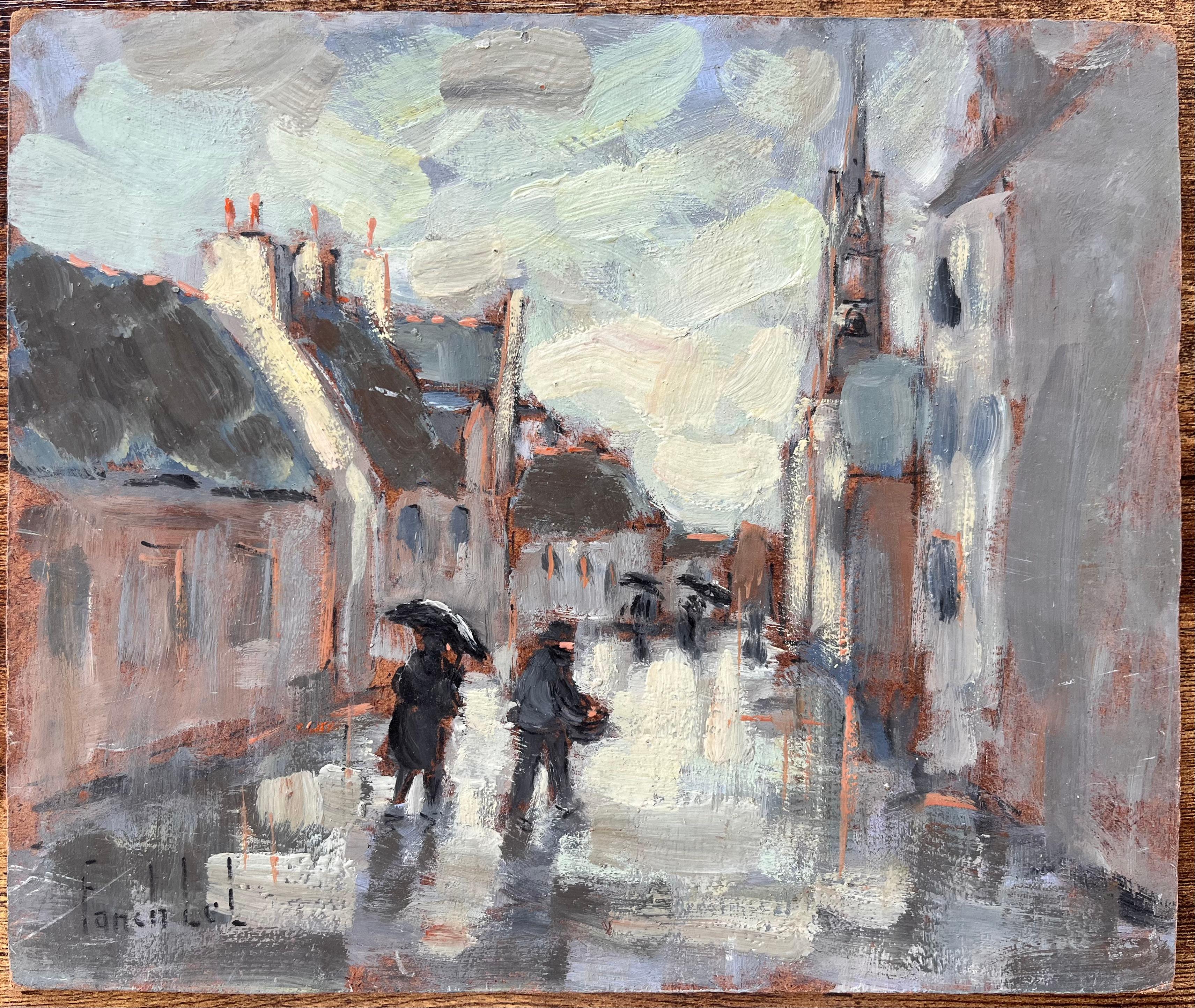 Scena di strada impressionista di un villaggio piovoso con figure e chiesa in Francia - Painting di Fanch Lel