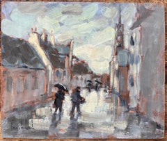 Scena di strada impressionista di un villaggio piovoso con figure e chiesa in Francia