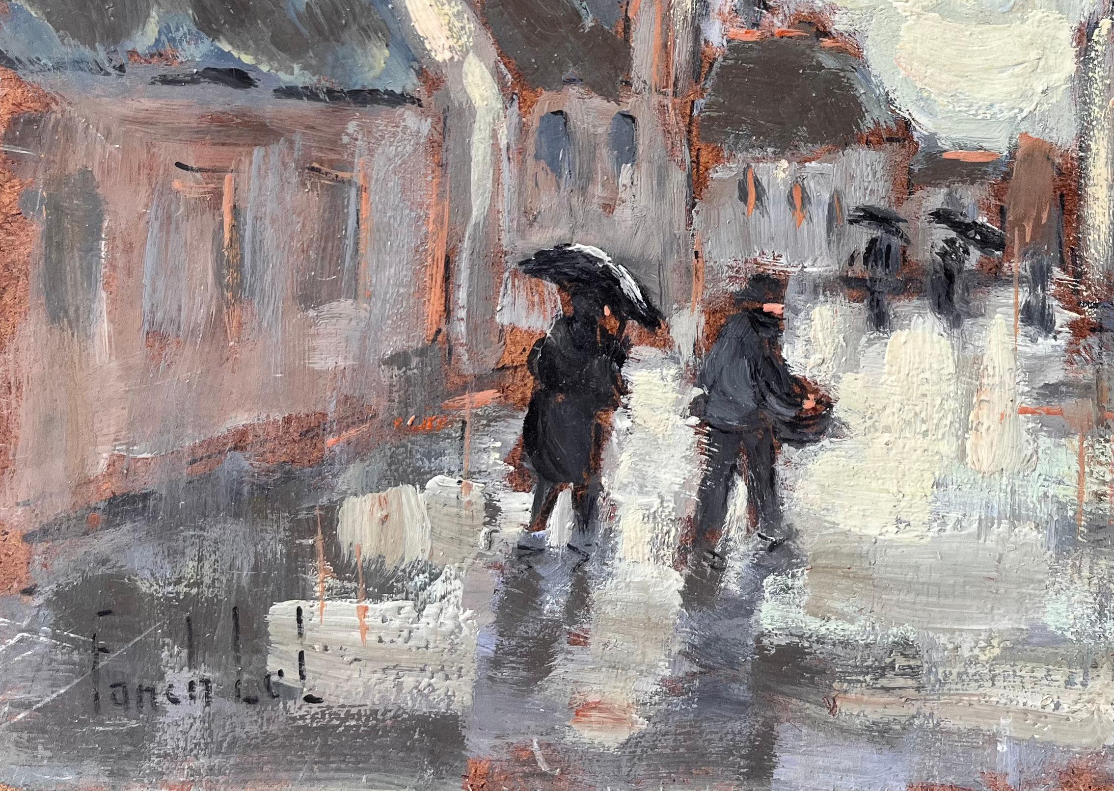 Scena di strada impressionista di un villaggio piovoso con figure e chiesa in Francia - Painting Impressionismo di Fanch Lel