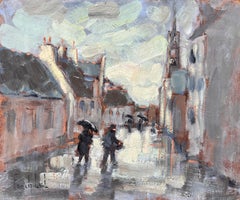Scène de rue impressionniste Rainy Village avec personnages et église en France