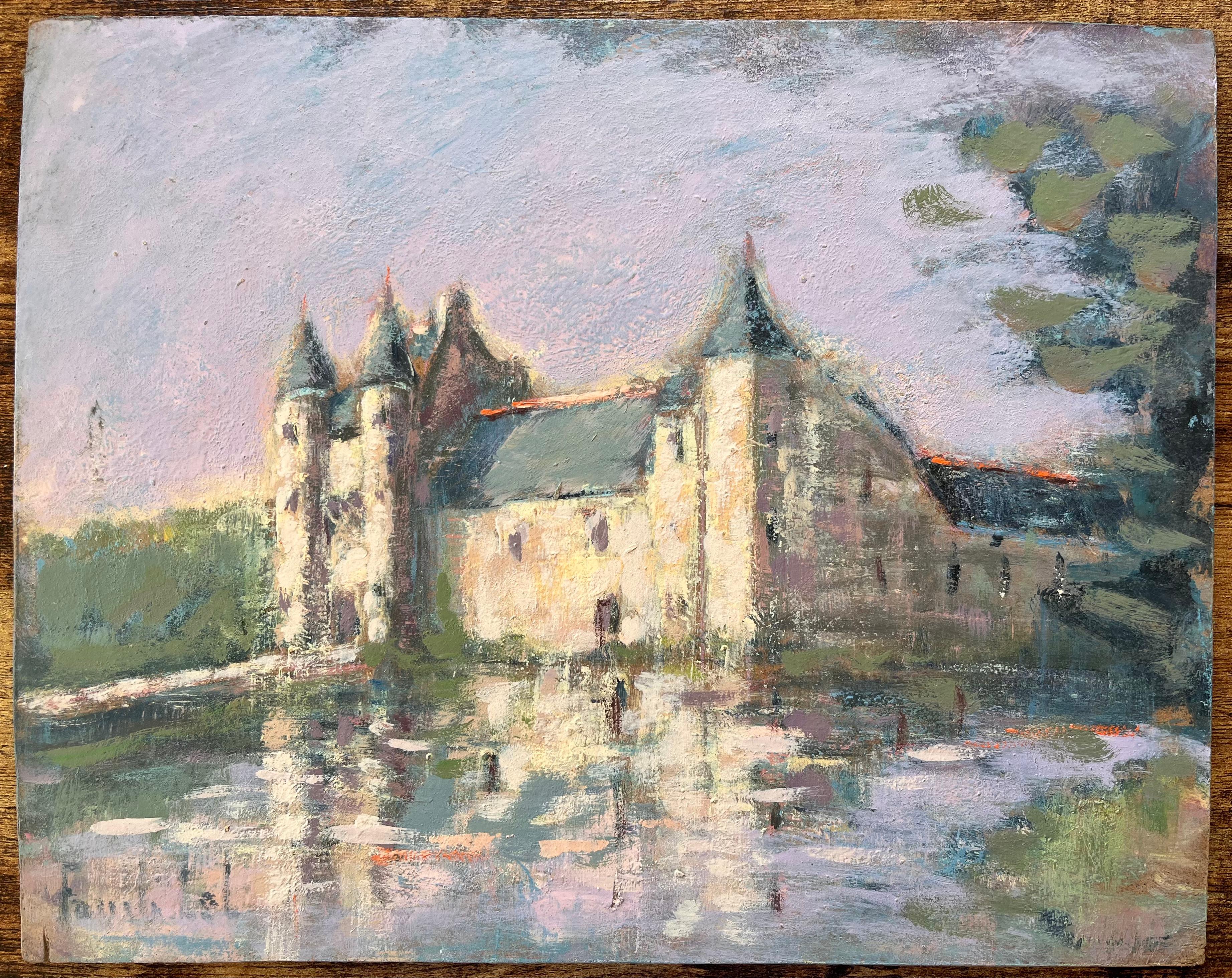 Impressionist Reflections of a French Chateau in Soft Lavender Light with Moat - Painting by Fanch Lel