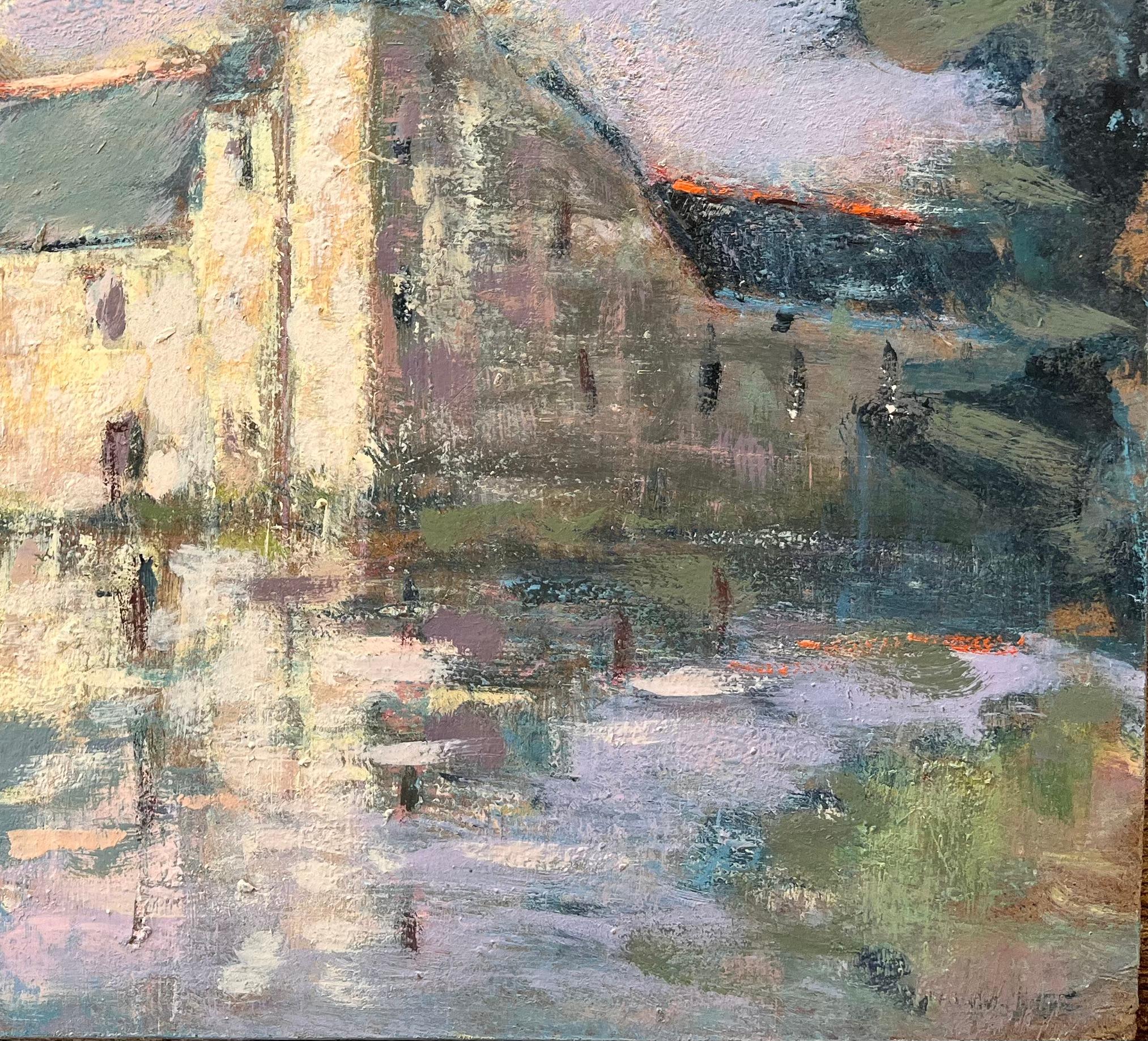Impressionist Reflections of a French Chateau in Soft Lavender Light with Moat - Gray Abstract Painting by Fanch Lel