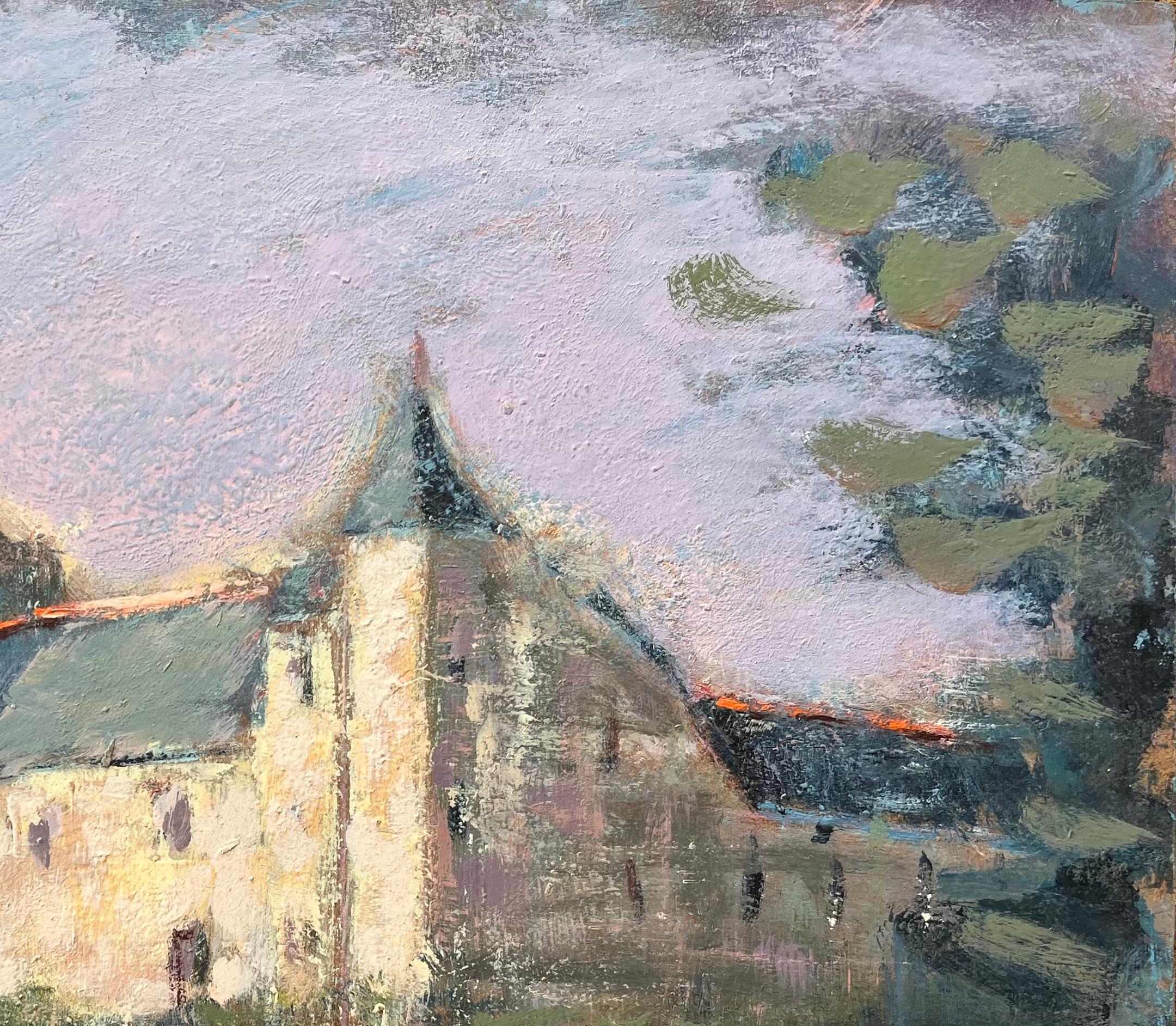 Title: Impressionist Reflections of a French Chateau in Soft Lavender Light with Moat
By Fanch Lel
Signed: Yes
Size: 10.75 x 13.5 inches (height x width)
Oil painting on board, unframed
Condition: The painting is in good condition with minor signs