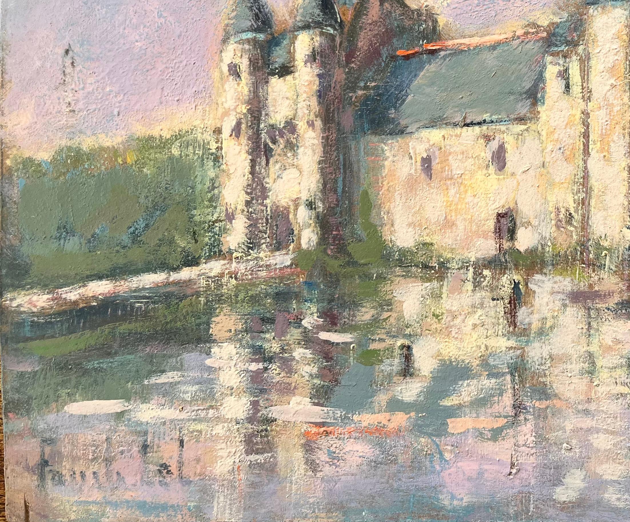 Impressionist Reflections of a French Chateau in Soft Lavender Light with Moat For Sale 1