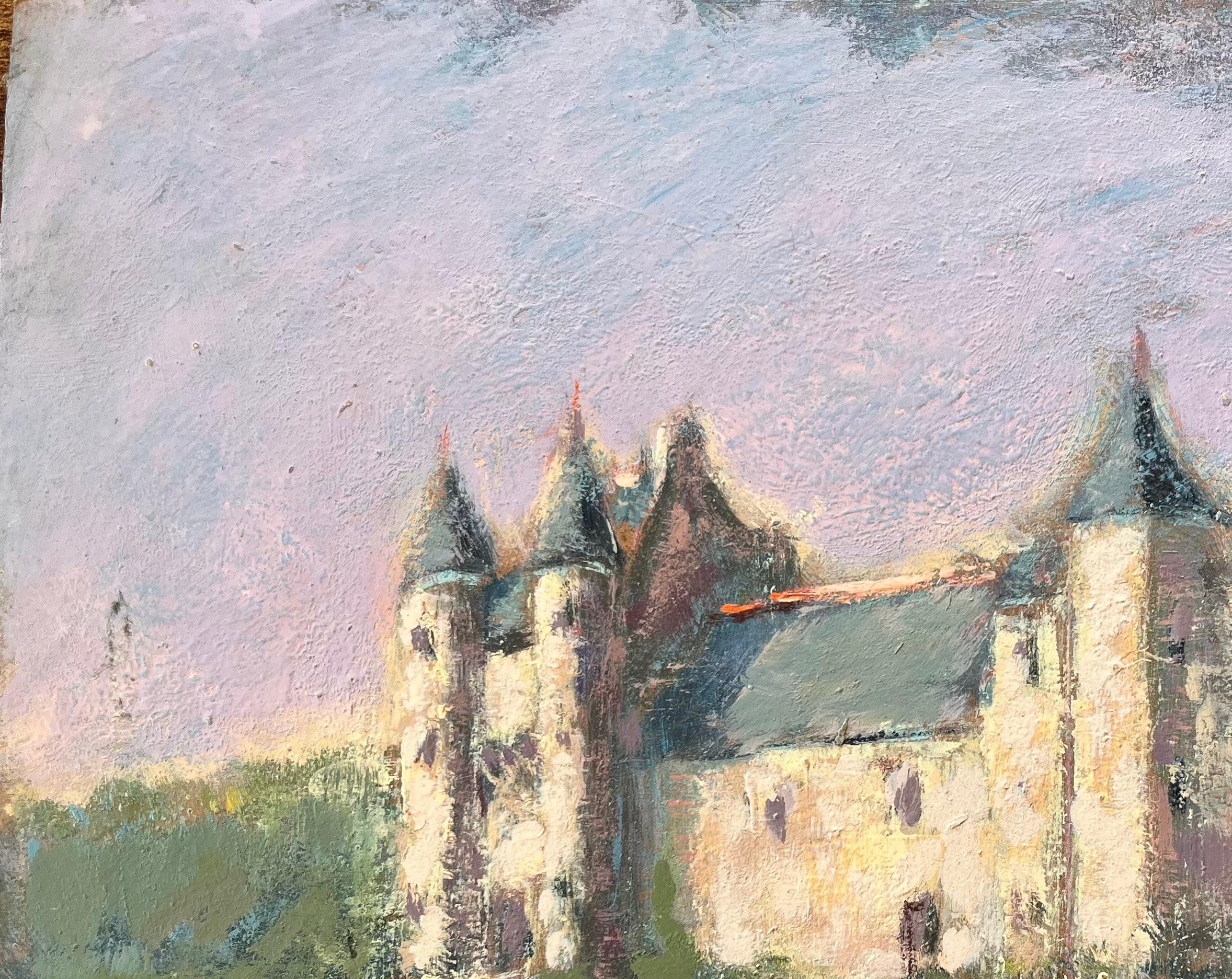 Impressionist Reflections of a French Chateau in Soft Lavender Light with Moat For Sale 2