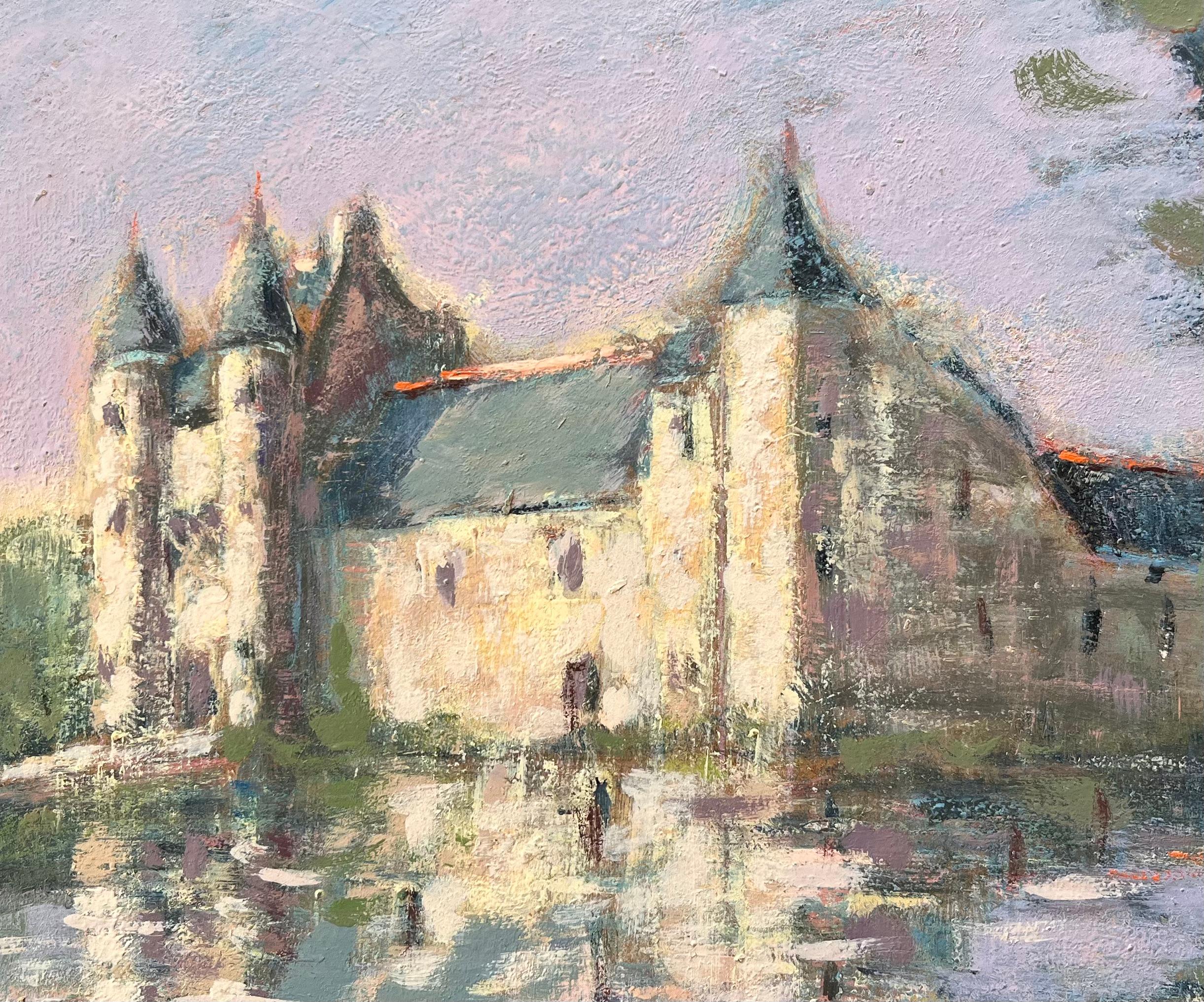 Impressionist Reflections of a French Chateau in Soft Lavender Light with Moat For Sale 3