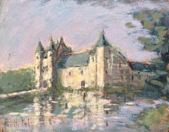 Impressionist Reflections of a French Chateau in Soft Lavender Light with Moat