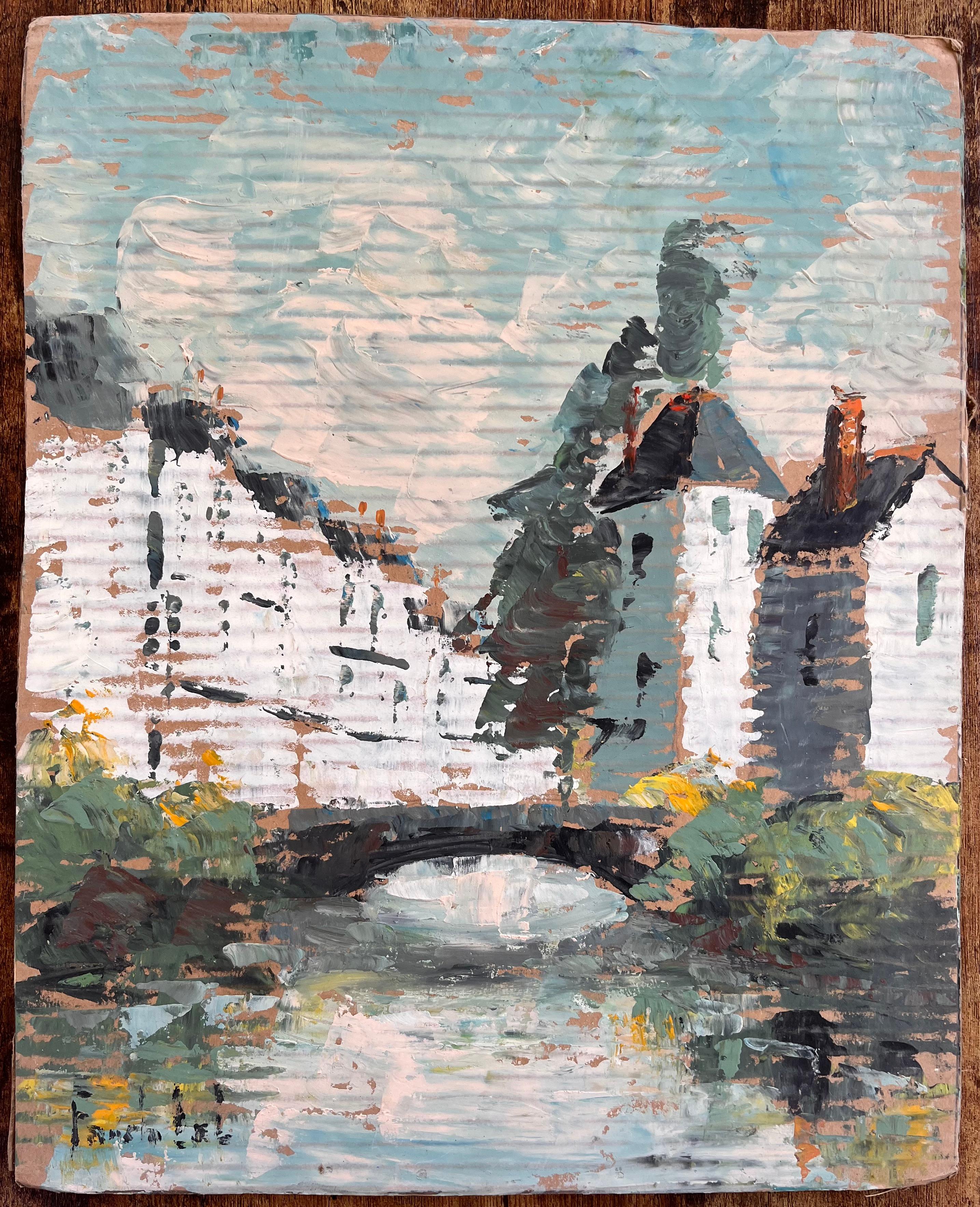 Impressionistische Flussbogenszene mit Reflexionen und weißen Gebäuden in Frankreich – Painting von Fanch Lel