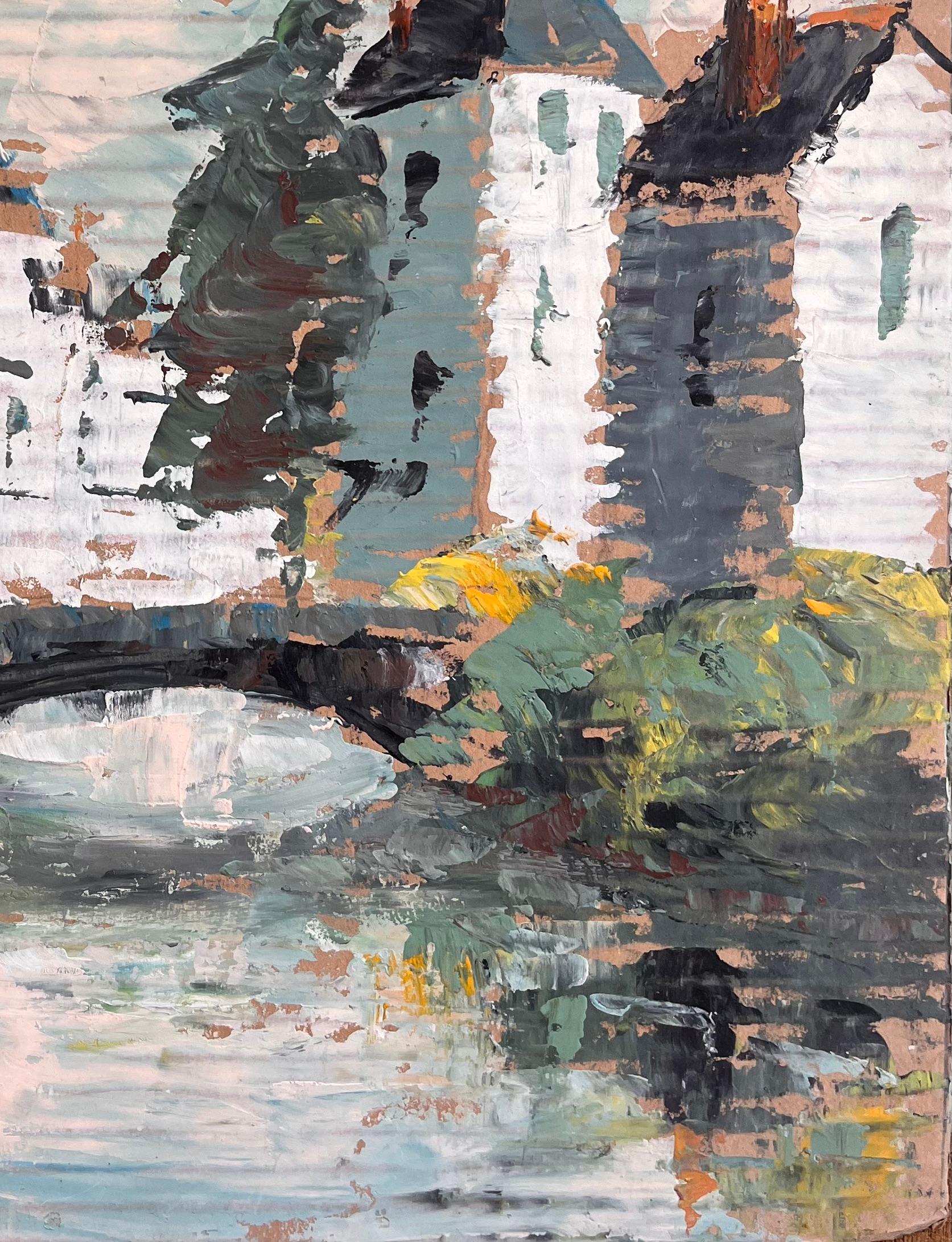 Impressionistische Flussbogenszene mit Reflexionen und weißen Gebäuden in Frankreich (Impressionismus), Painting, von Fanch Lel