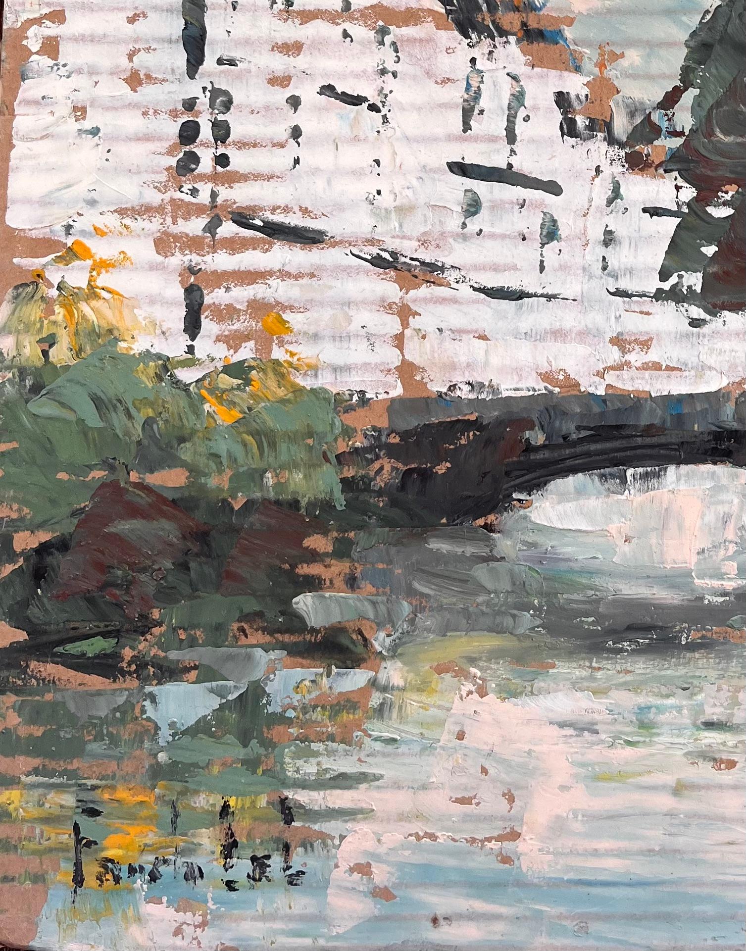Impressionistische Flussbogenszene mit Reflexionen und weißen Gebäuden in Frankreich (Grau), Landscape Painting, von Fanch Lel