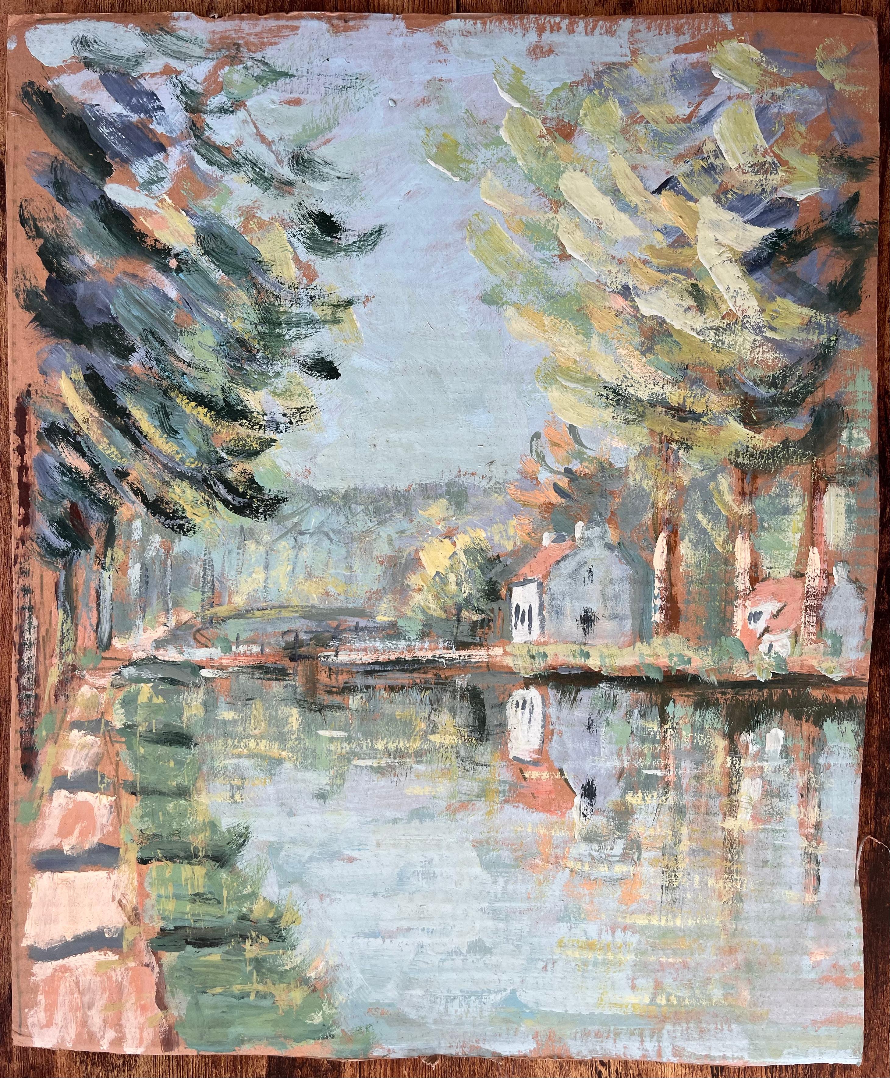Paysage impressionniste avec pont de pins et reflets de cottage - Painting de Fanch Lel