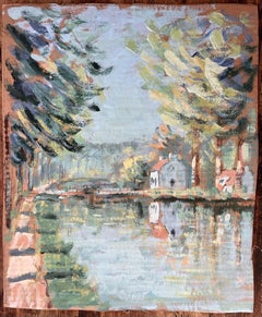 Impressionist River Landscape with Pine Trees Bridge and Cottage Reflections