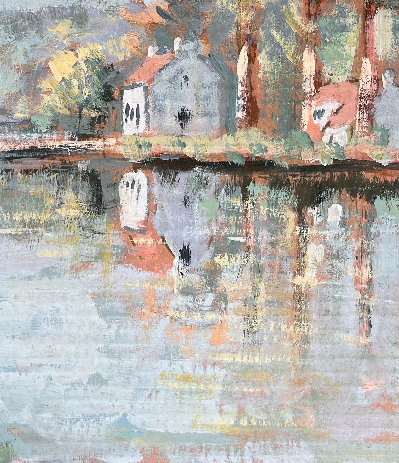 Paysage impressionniste avec pont de pins et reflets de cottage - Impressionnisme Painting par Fanch Lel