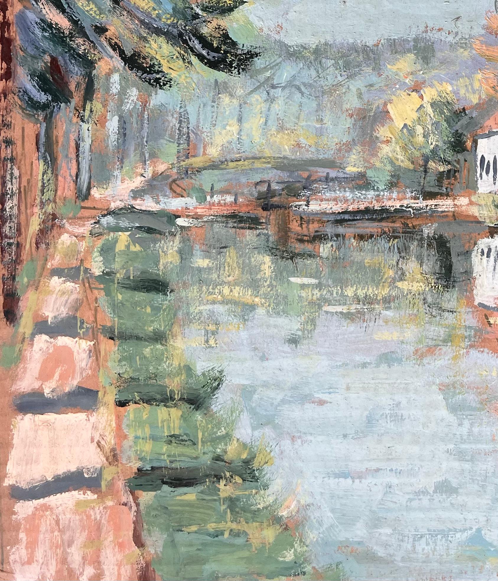 Paysage impressionniste avec pont de pins et reflets de cottage - Gris Abstract Painting par Fanch Lel