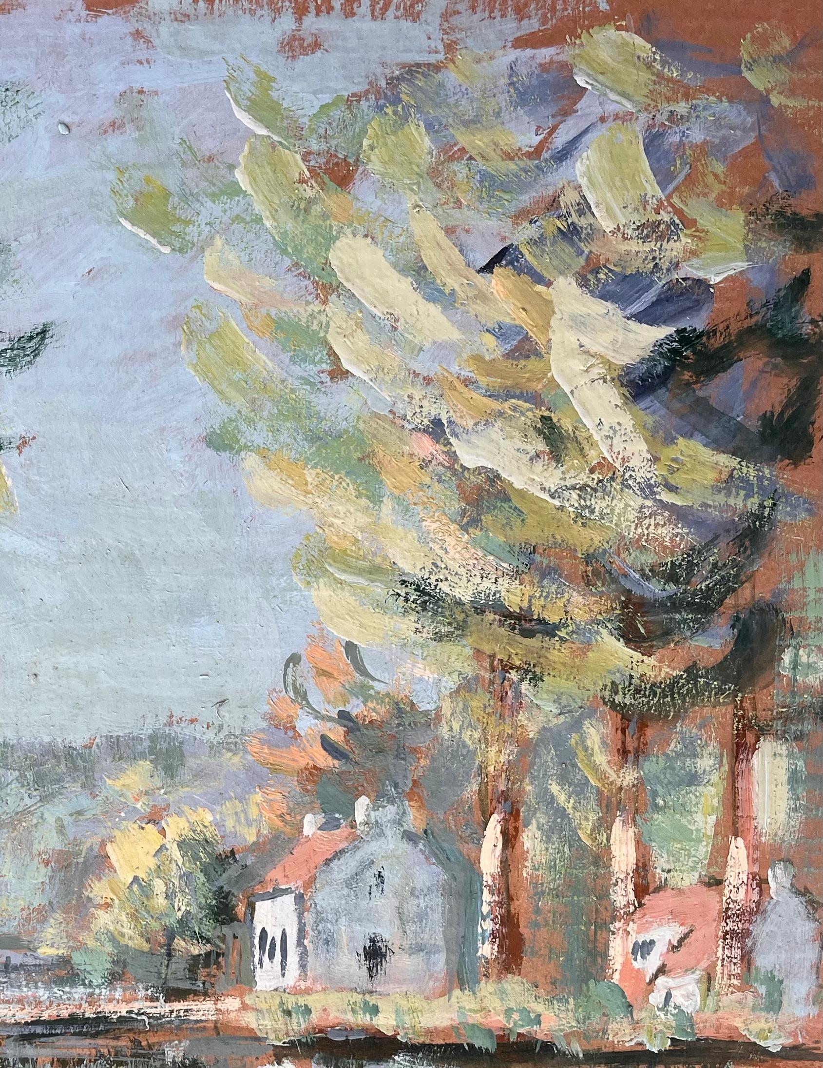 Titre : Paysage fluvial impressionniste avec pins, pont et reflets de chalet
Par Fanch Les
Taille : 18.25 x 15.25 pouces (hauteur x largeur)
Peinture à l'huile sur carton, non encadrée
Condit : La peinture est en bon état, avec une texture