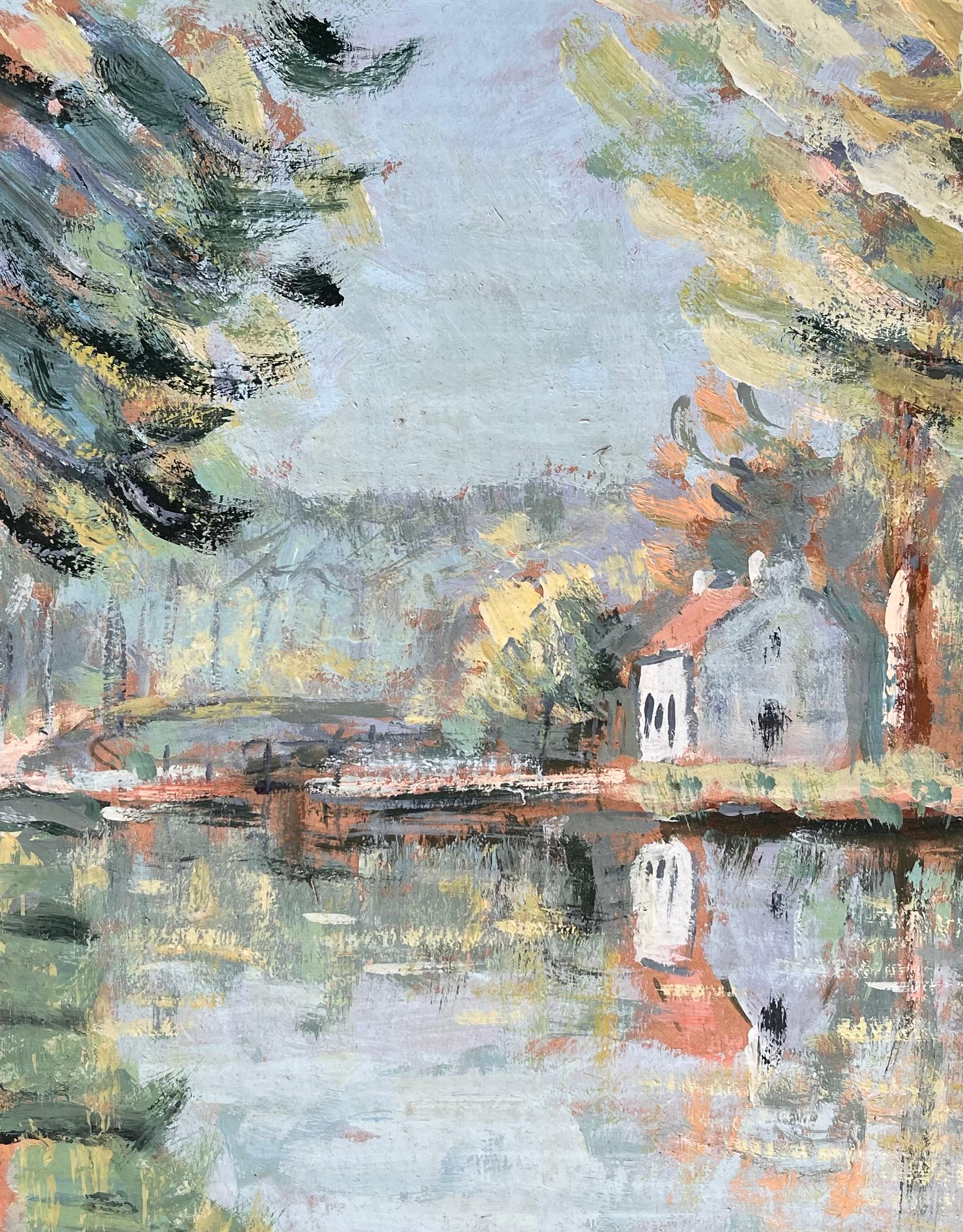 Paysage impressionniste avec pont de pins et reflets de cottage en vente 2