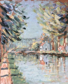 Impressionist River Landscape with Pine Trees Bridge and Cottage Reflections