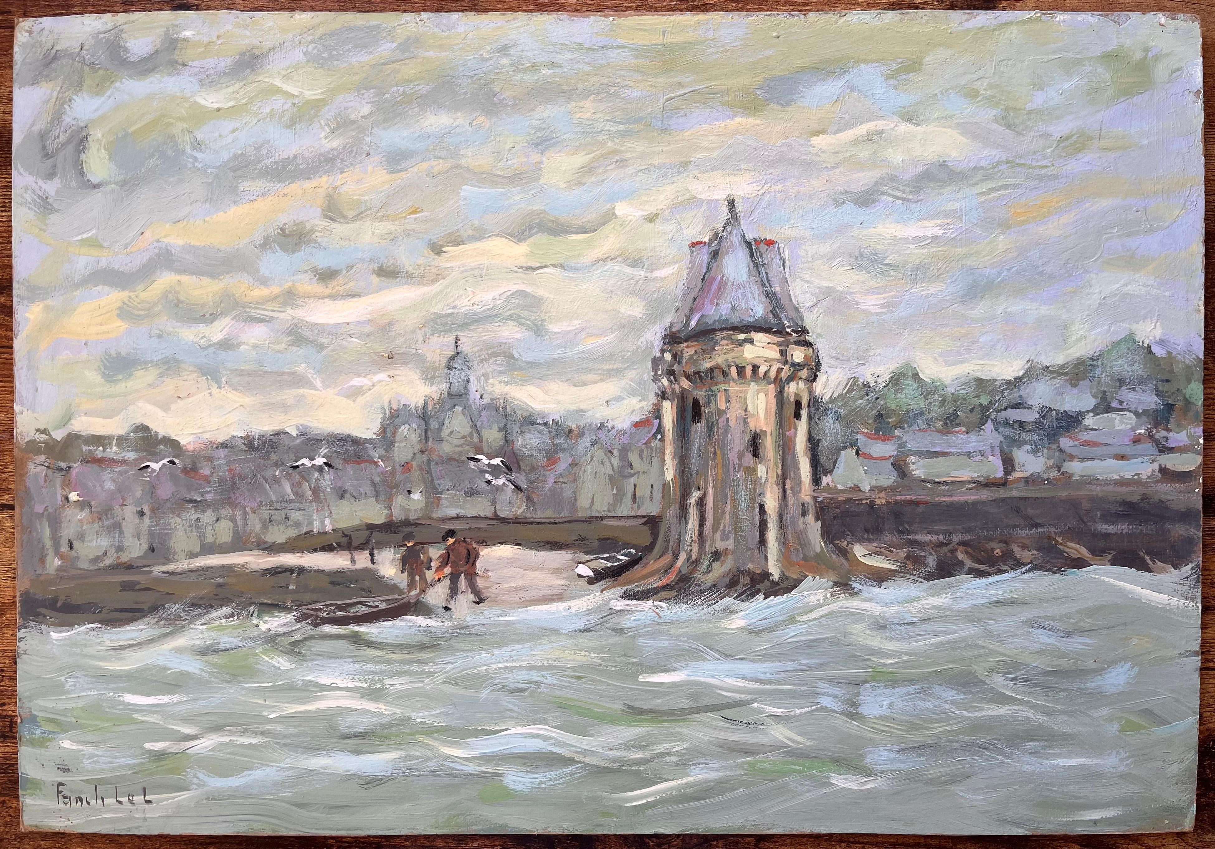 Impressionist Riverfront Scene with Tower Boats and Seagulls Under Clouded Sky - Painting by Fanch Lel