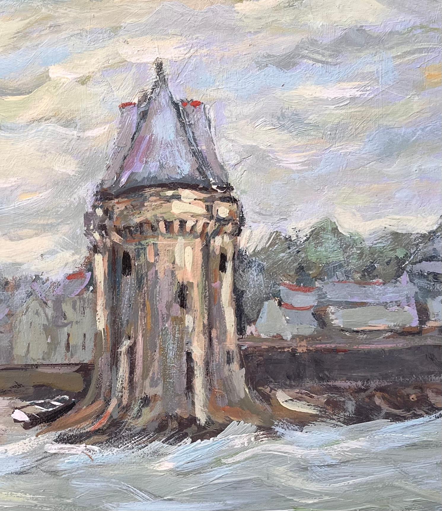 Impressionist Riverfront Scene with Tower Boats and Seagulls Under Clouded Sky - Gray Abstract Painting by Fanch Lel