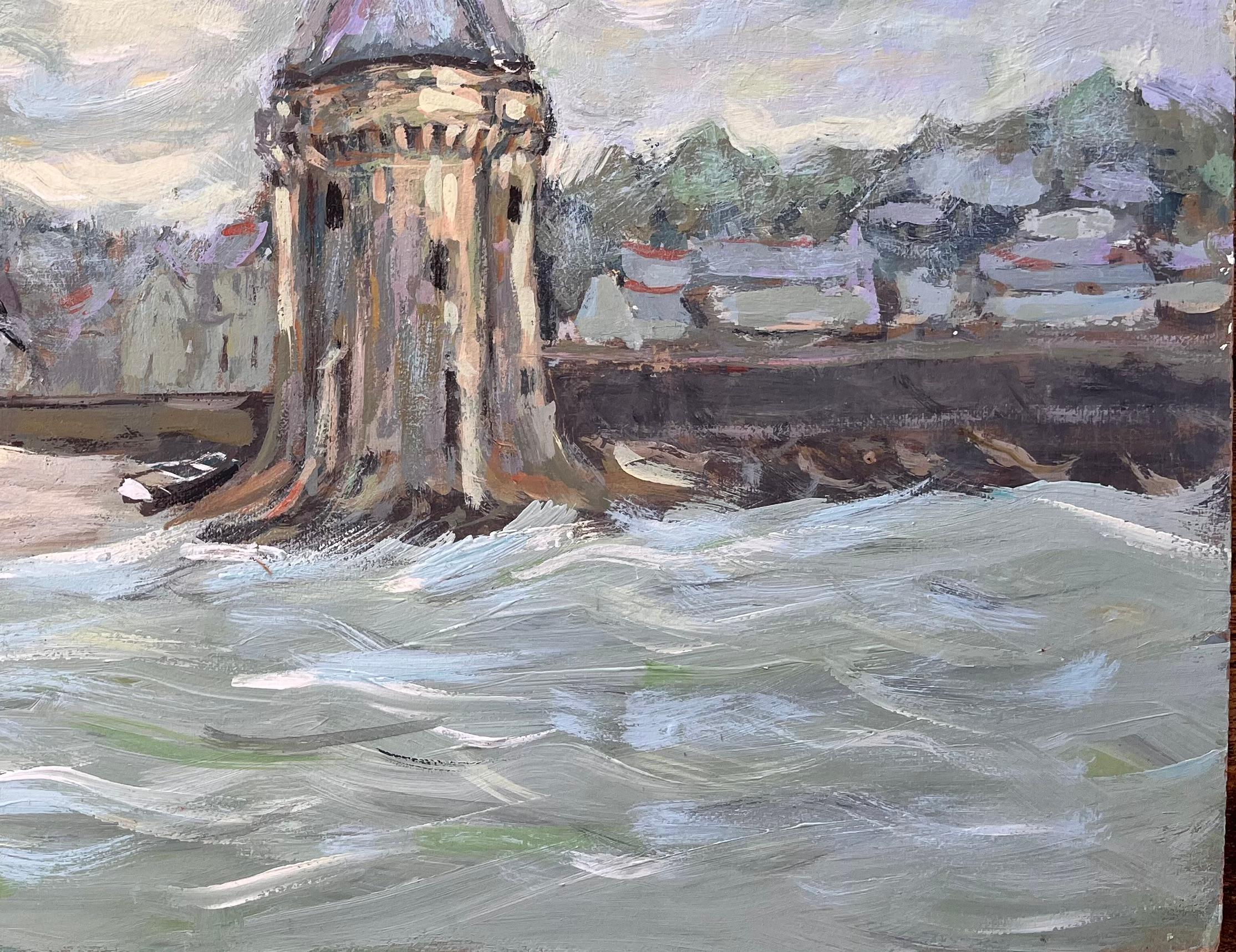 Title: Impressionist Riverfront Scene with Tower Boats and Seagulls Under Clouded Sky
By Fanch Lel
Signed: Yes
Size: 15 x 21.75 inches (height x width)
Oil painting on board, unframed
Condition: The painting is in good condition with expressive