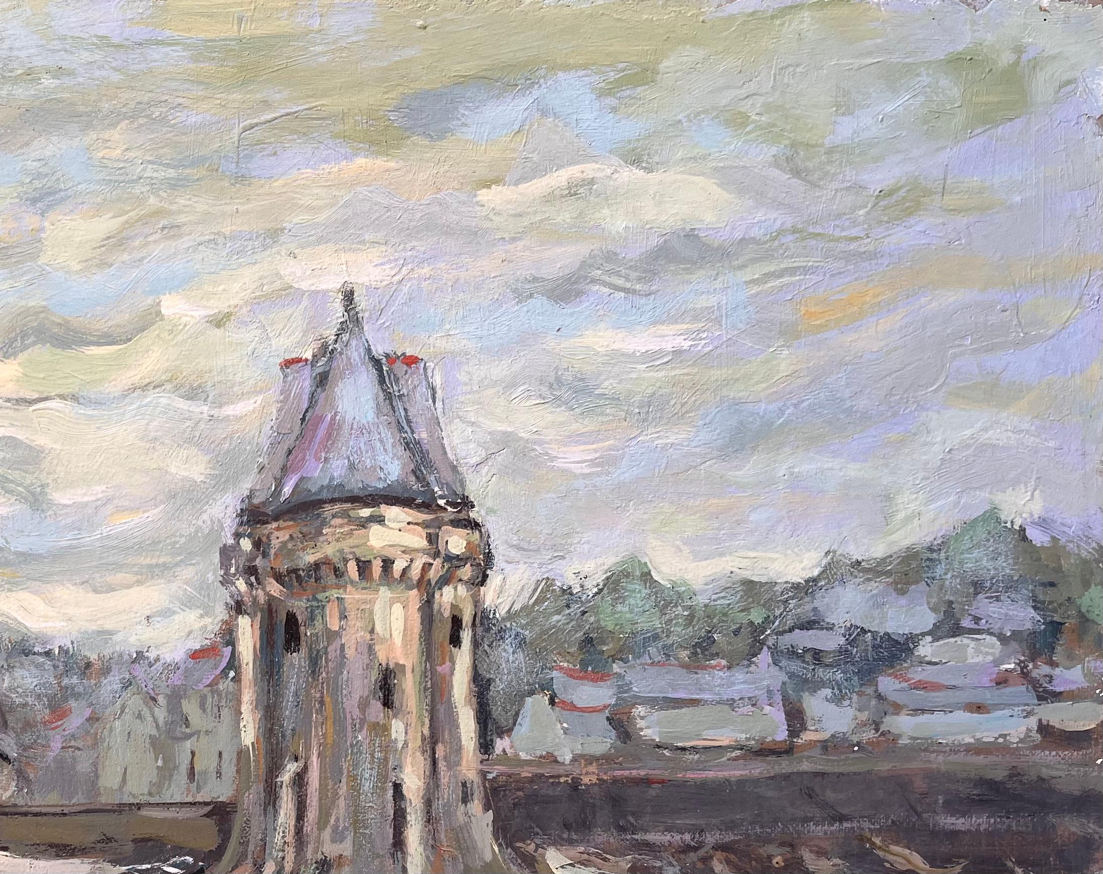 Impressionist Riverfront Scene with Tower Boats and Seagulls Under Clouded Sky For Sale 1