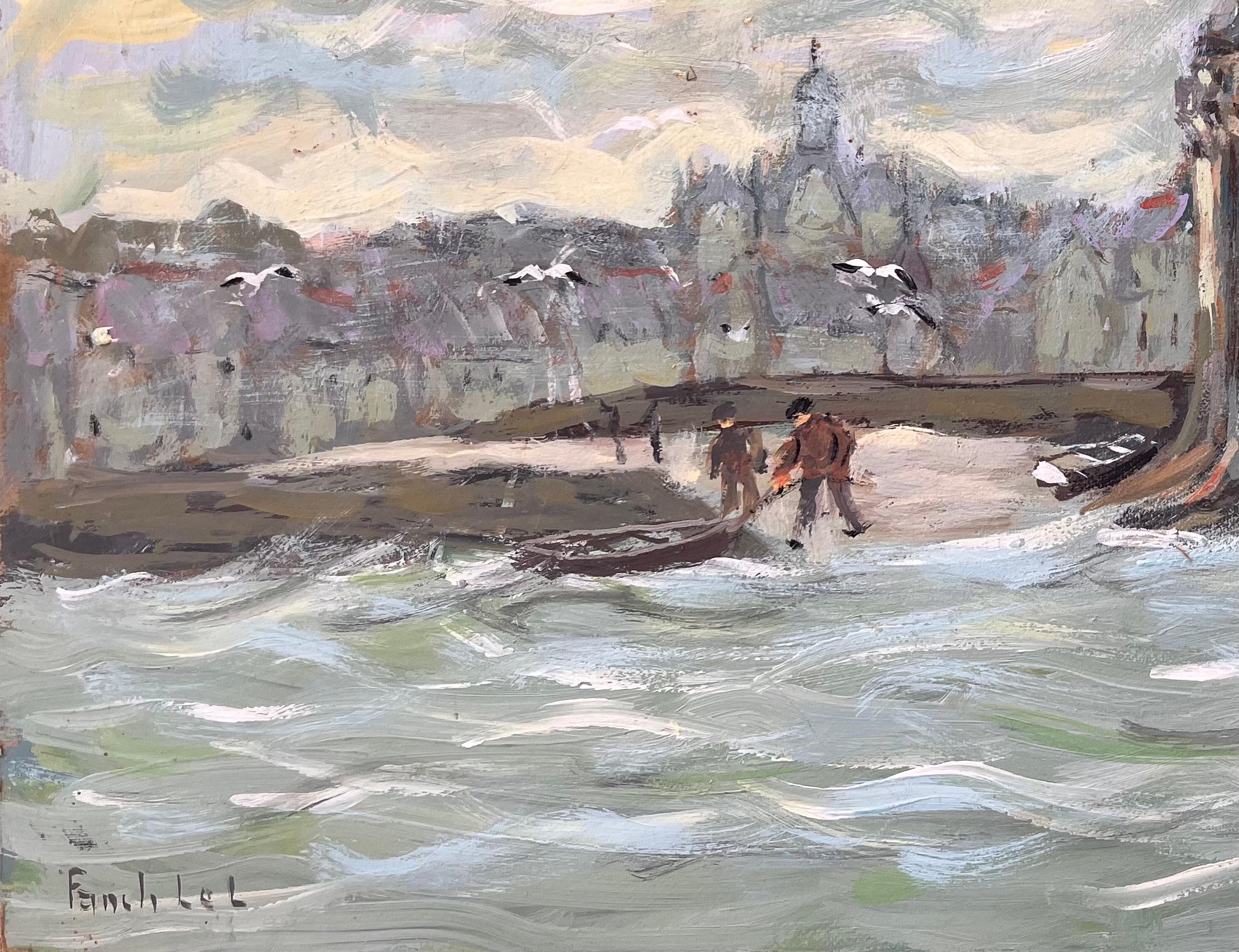 Impressionist Riverfront Scene with Tower Boats and Seagulls Under Clouded Sky For Sale 2