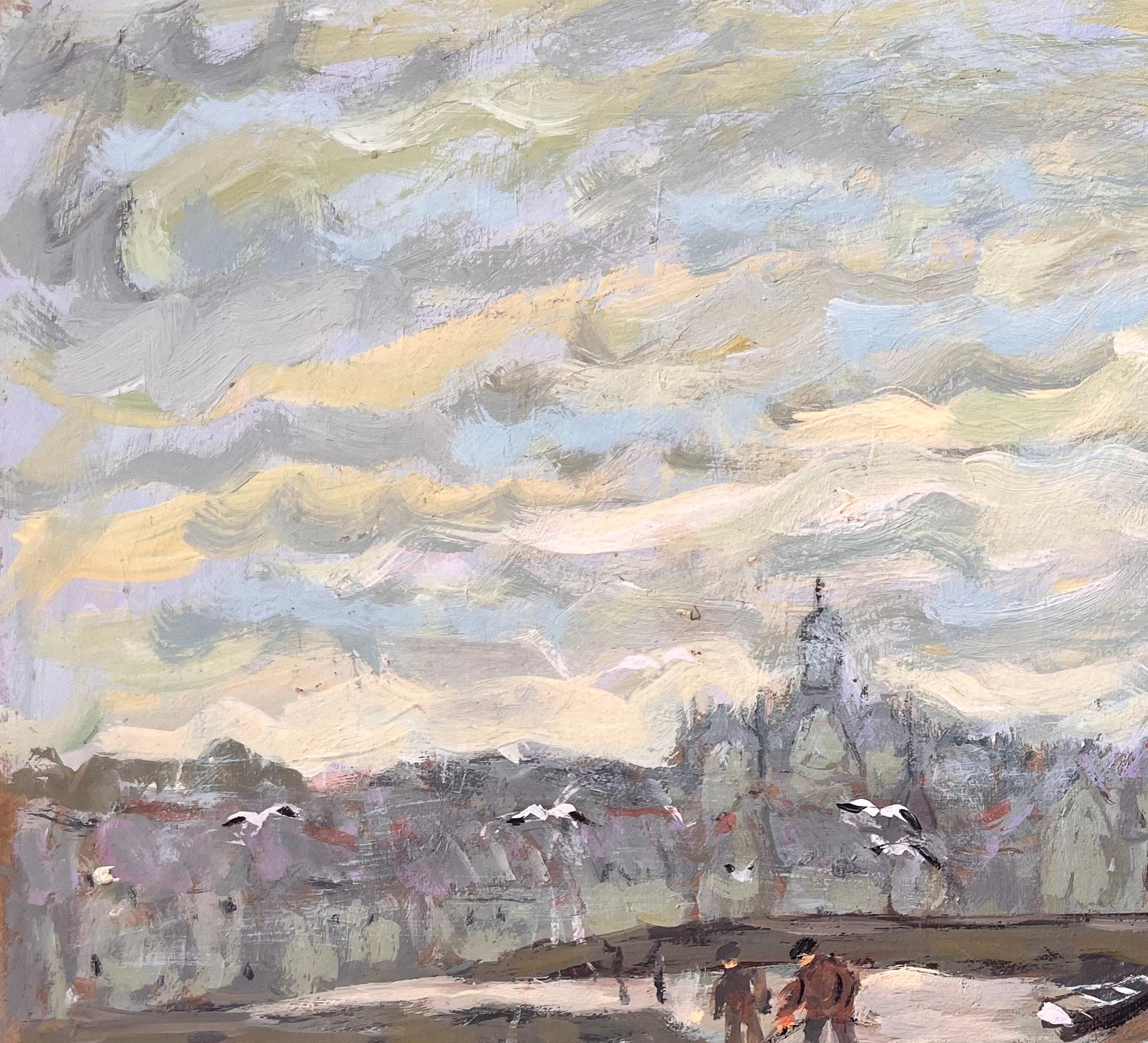 Impressionist Riverfront Scene with Tower Boats and Seagulls Under Clouded Sky For Sale 3