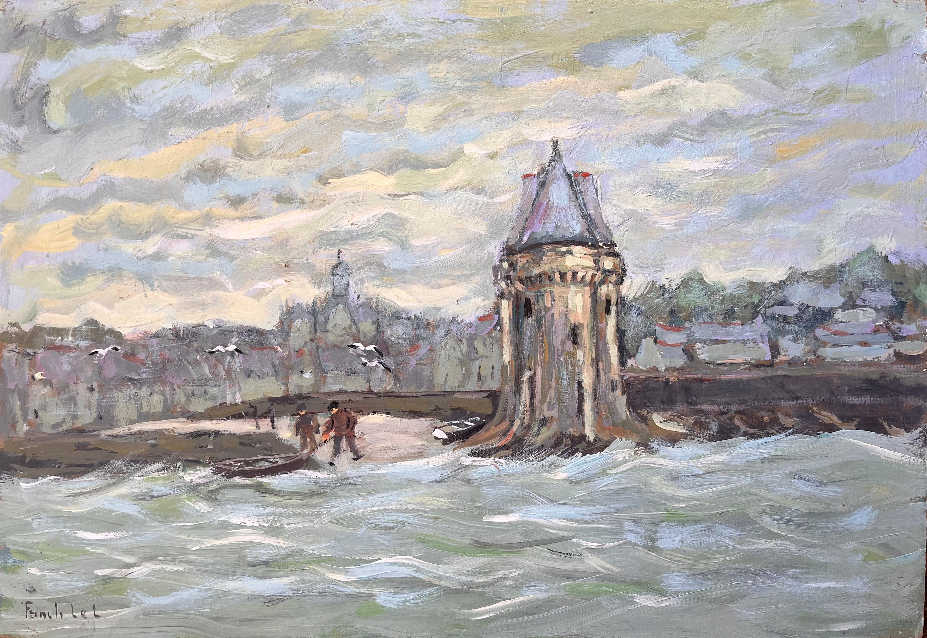 Fanch Lel Abstract Painting - Impressionist Riverfront Scene with Tower Boats and Seagulls Under Clouded Sky