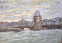 Impressionist Riverfront Scene with Tower Boats and Seagulls Under Clouded Sky