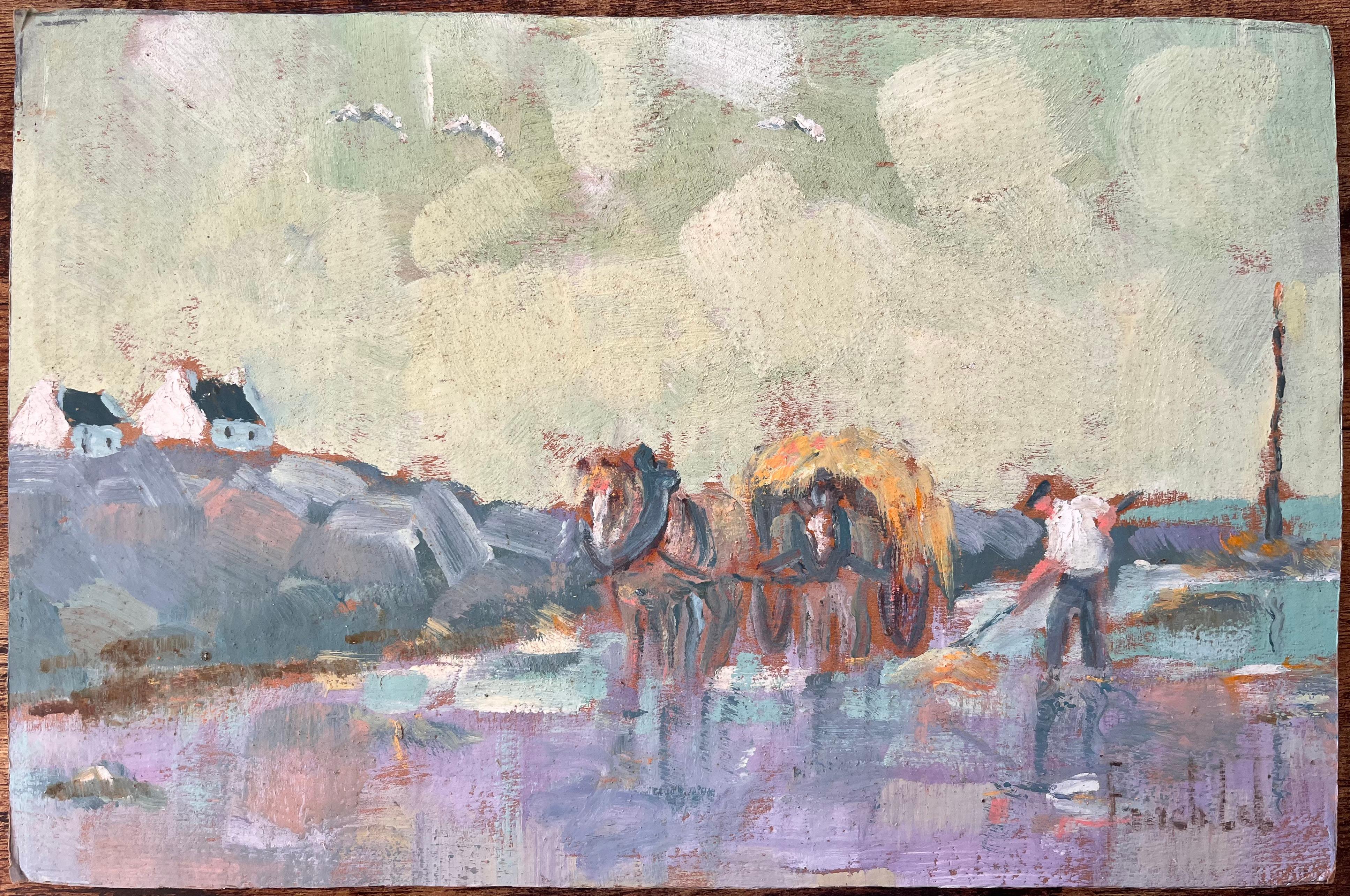 Impressionistische ländliche Szene mit Pferdewagen und Bauernarbeiter in Küstendorf – Painting von Fanch Lel